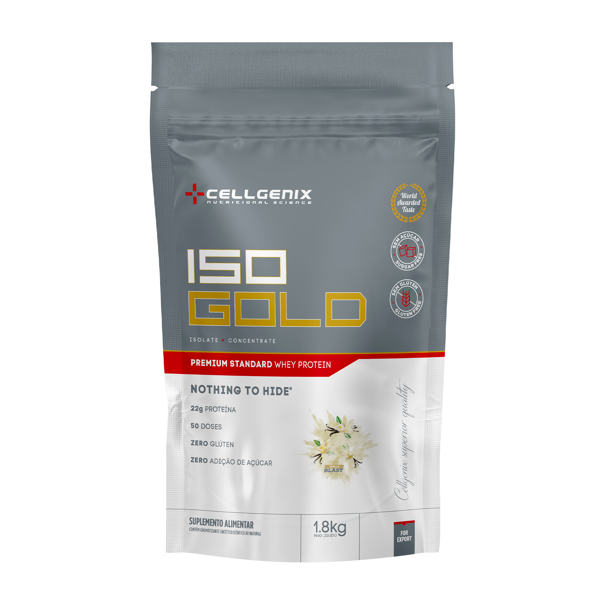 Embalagem refil do Iso Gold Whey Protein Premium 1.8kg sabor Baunilha