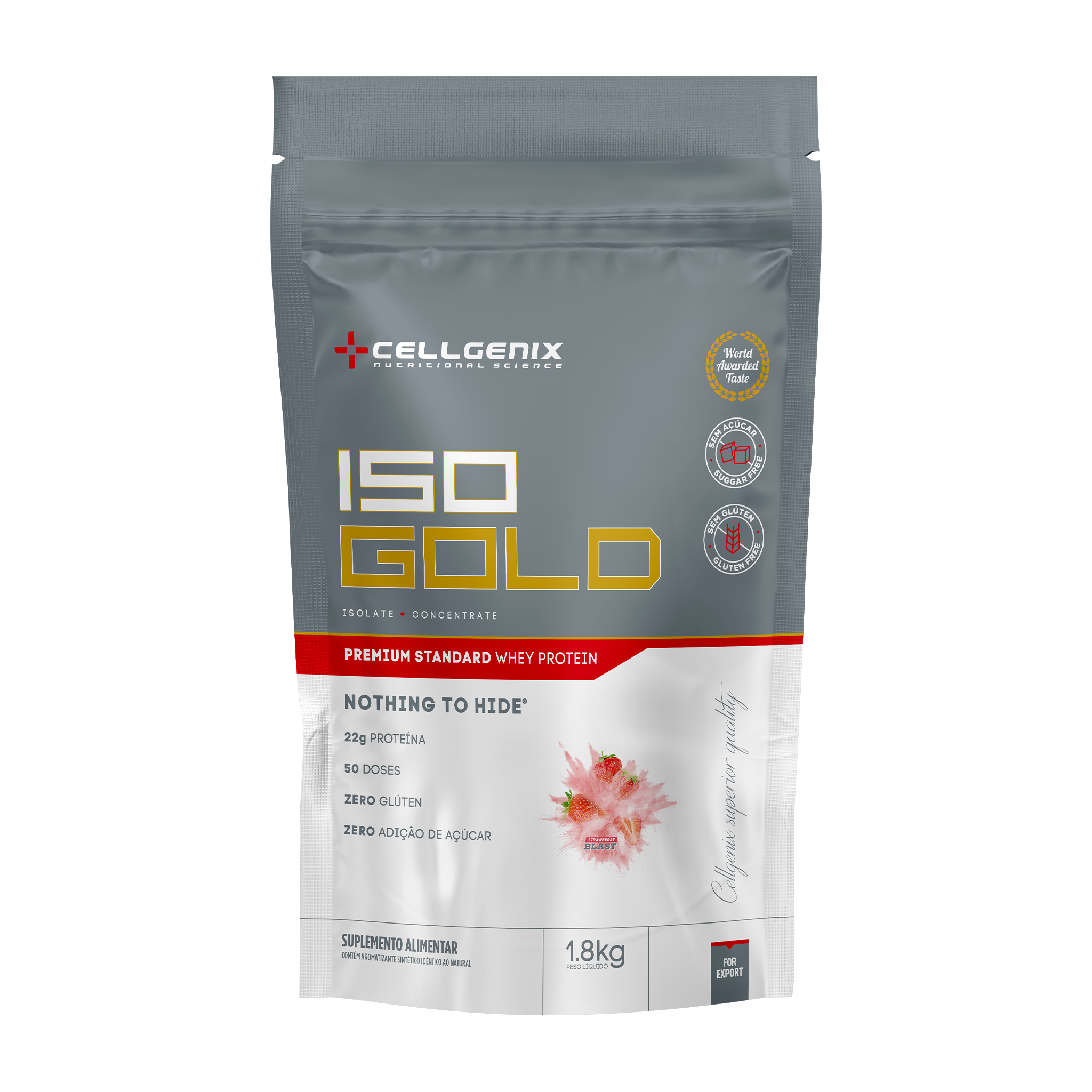 Embalagem refil do Iso Gold Whey Protein Premium 1.8kg sabor Morango