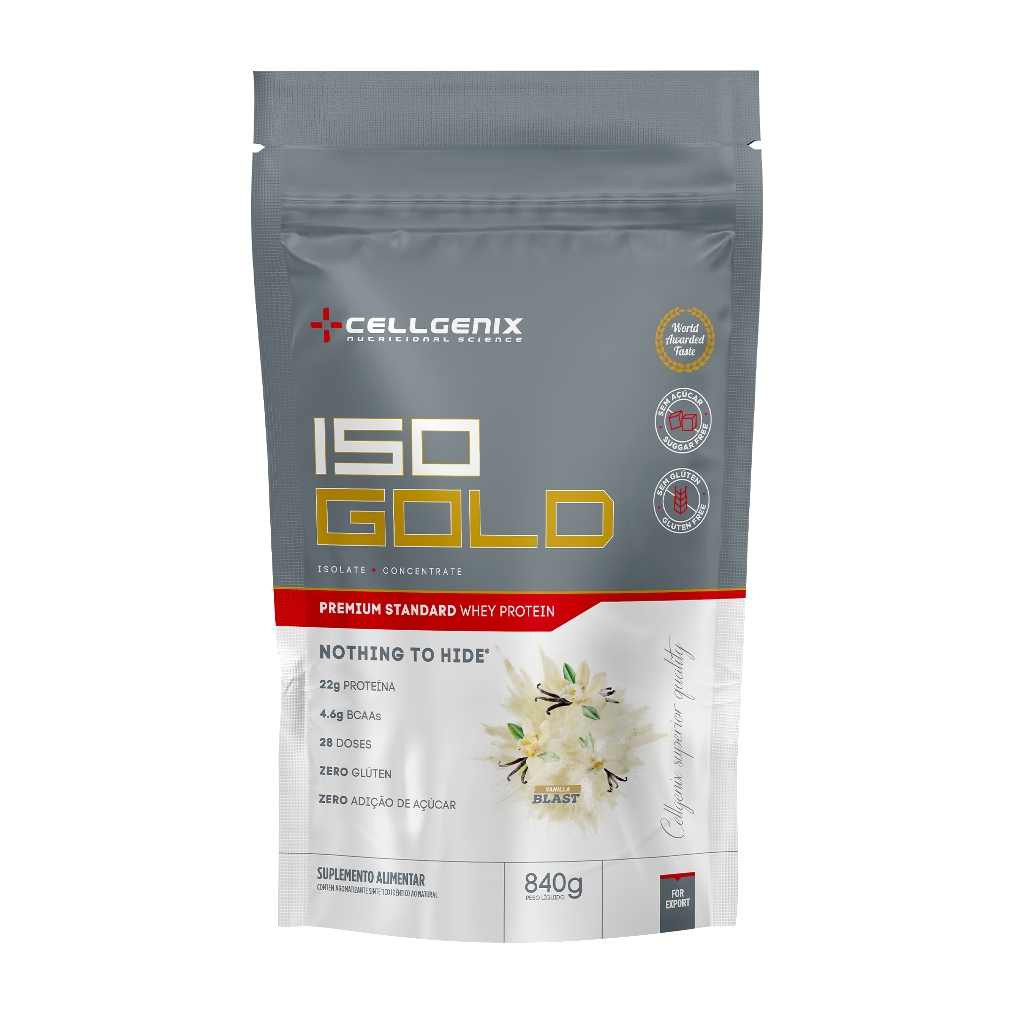 Embalagem refil do Iso Gold Whey Protein Premium 840g sabor Baunilha