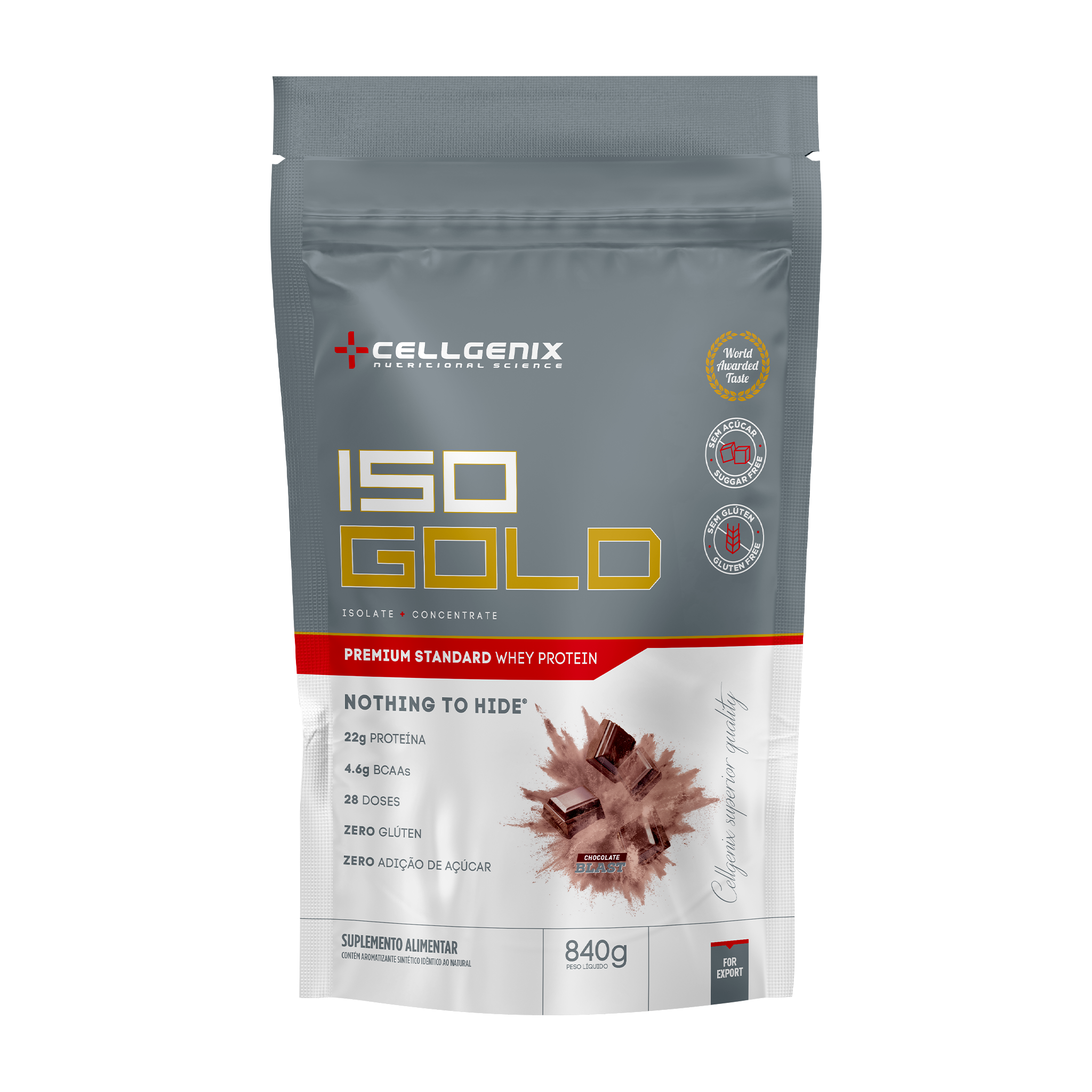 Embalagem refil do Iso Gold Whey Protein Premium 840g sabor Chocolate Blast