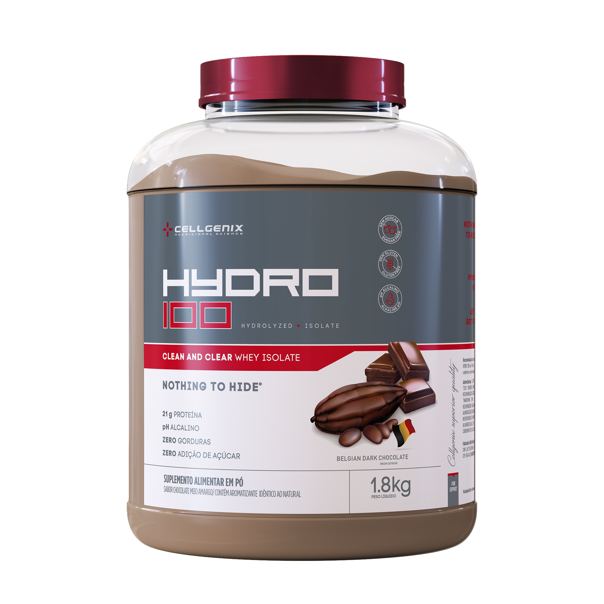 Pote de 1.8kg do Hydro 100 Whey Hidrolisado sabor Chocolate Belga