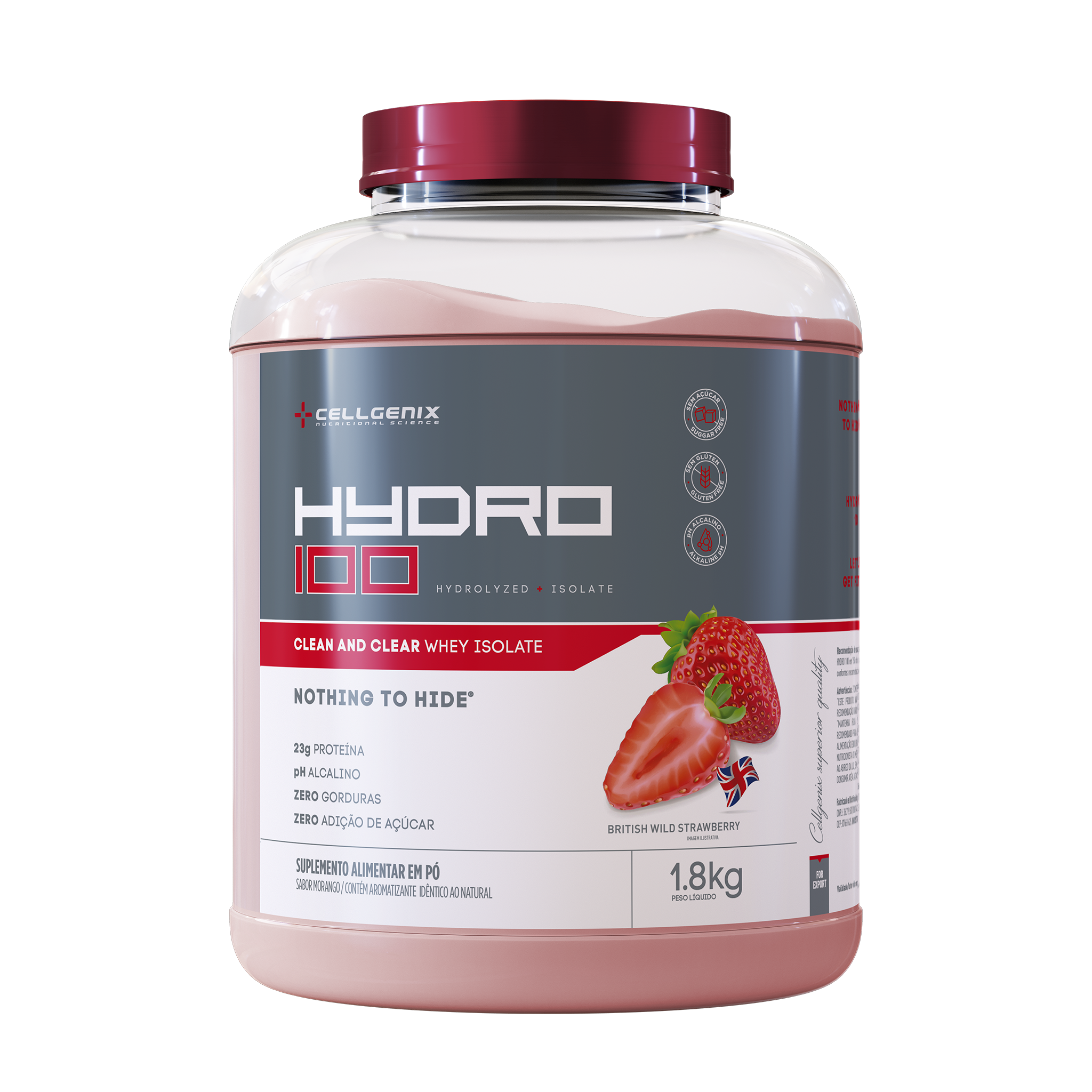 Pote de 1.8kg do Hydro 100 Whey Hidrolisado sabor Morango