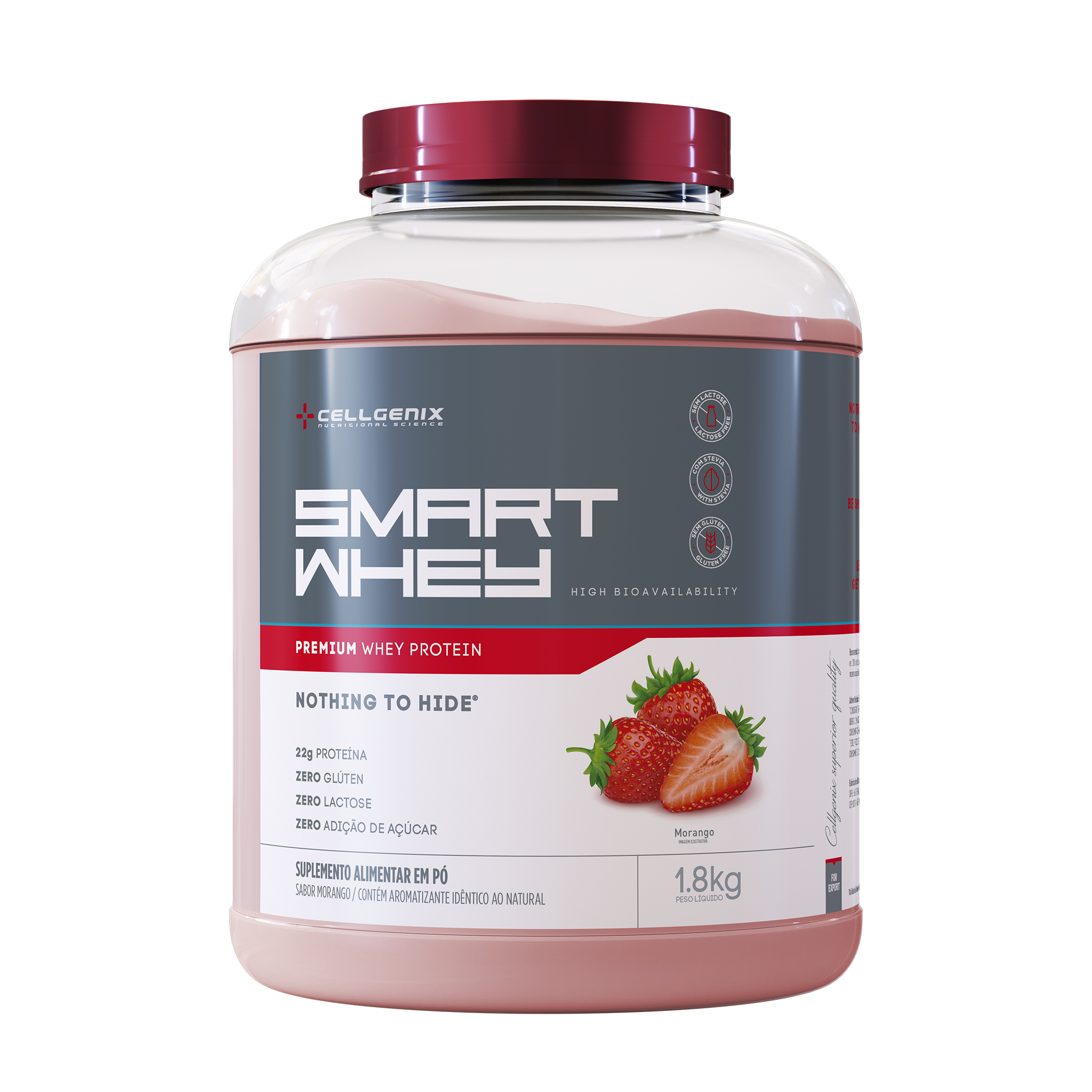 Pote de 1.8kg do Smart Whey Zero Lactose sabor Triple Morango