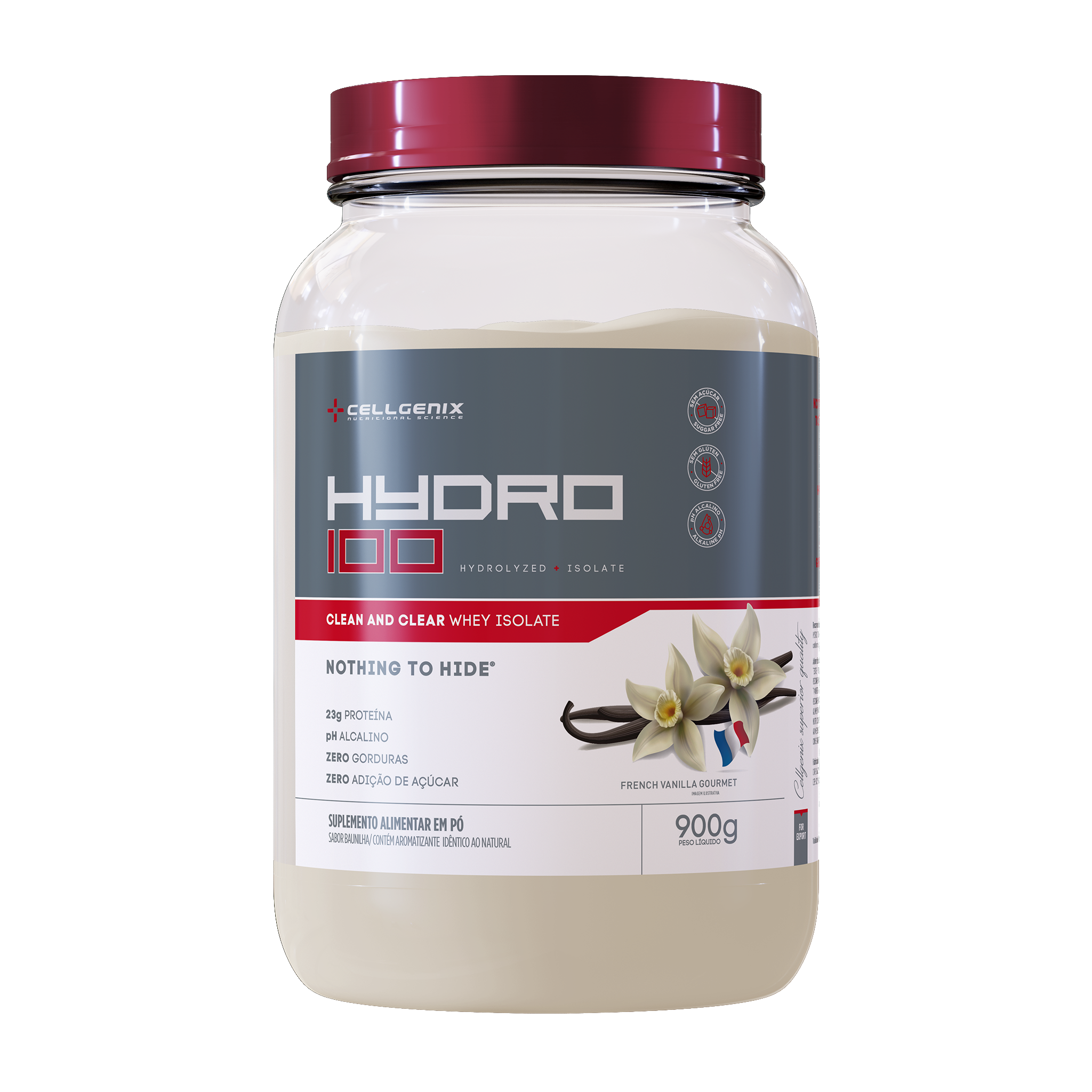 Pote de 900g do Hydro 100 Whey Hidrolisado sabor Baunilha