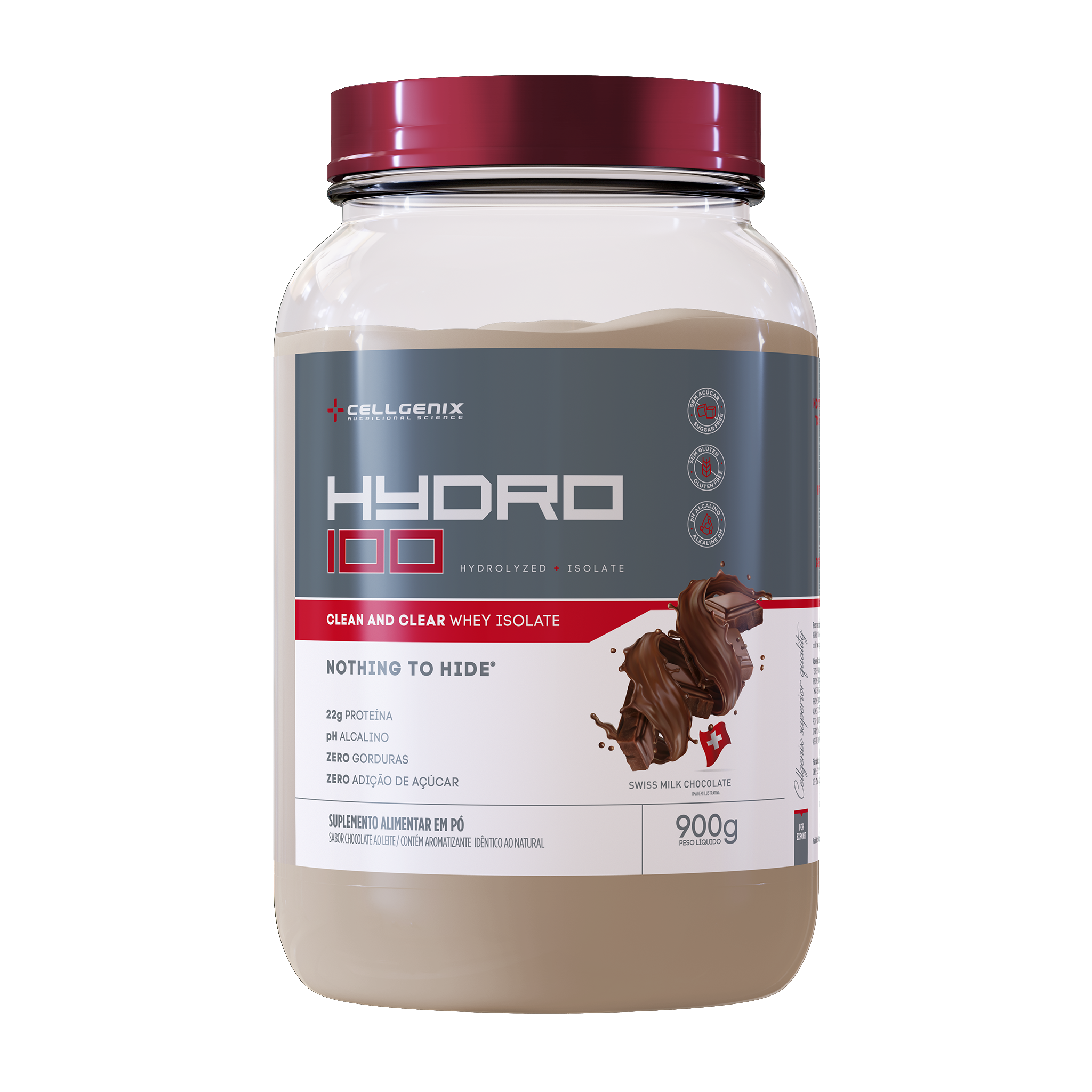 Pote de 900g do Hydro 100 Whey Hidrolisado sabor Chocolate Suíço