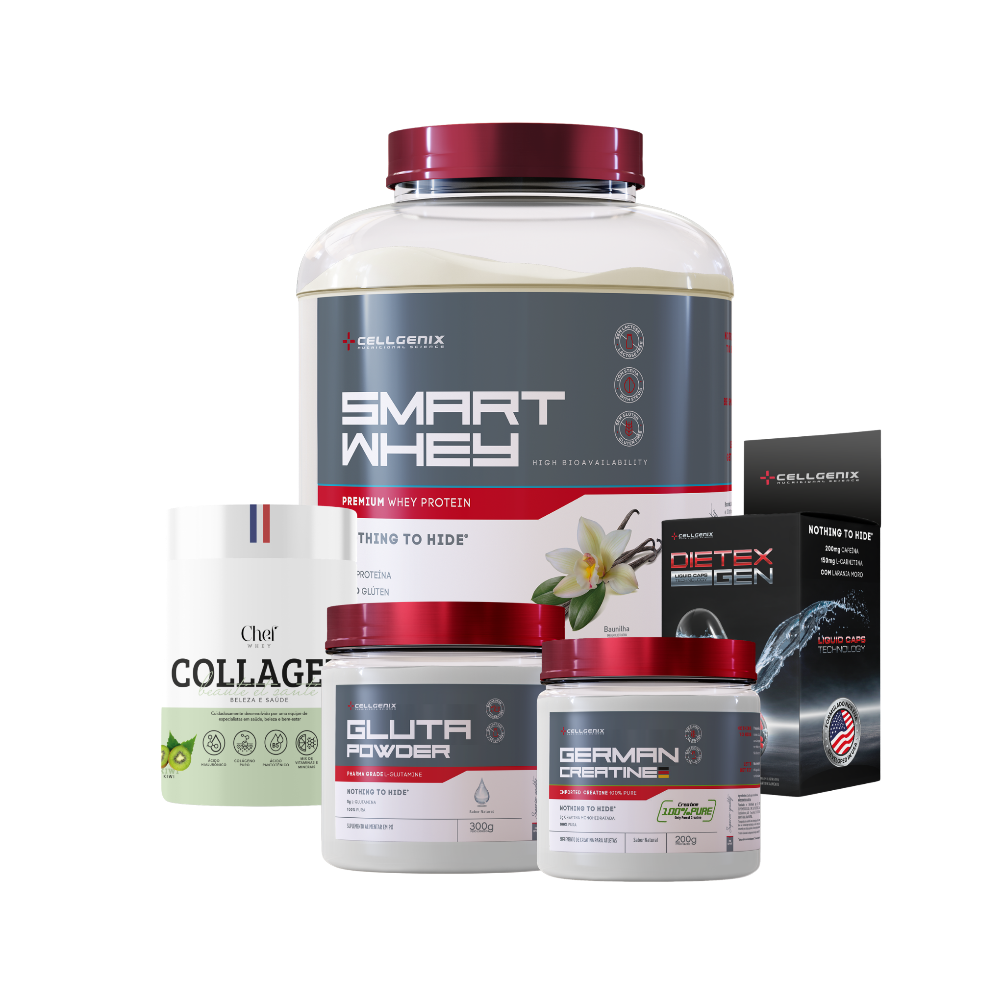 Smart whey 1,8kg Baunilha + Creatina German + Colágeno Kiwi + Glutamina + Dietex