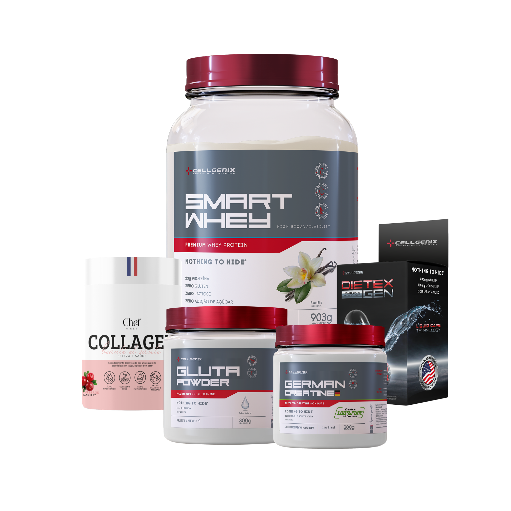 Smart whey 903g Baunilha + Creatina German + Colágeno Cranberry + Glutamina + Dietex