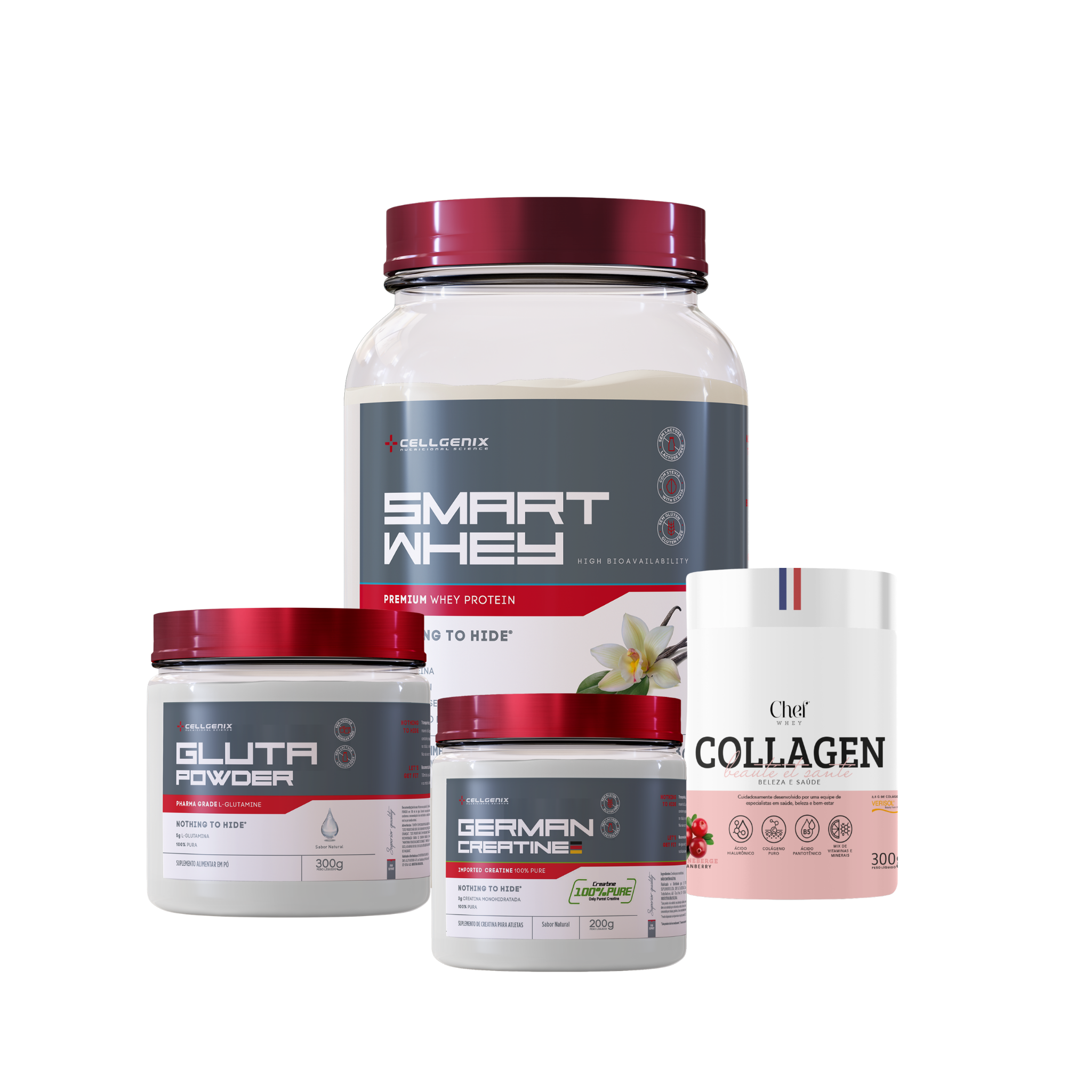 Smart whey 903g Baunilha + Creatina German + Colágeno Cranberry + Glutamina