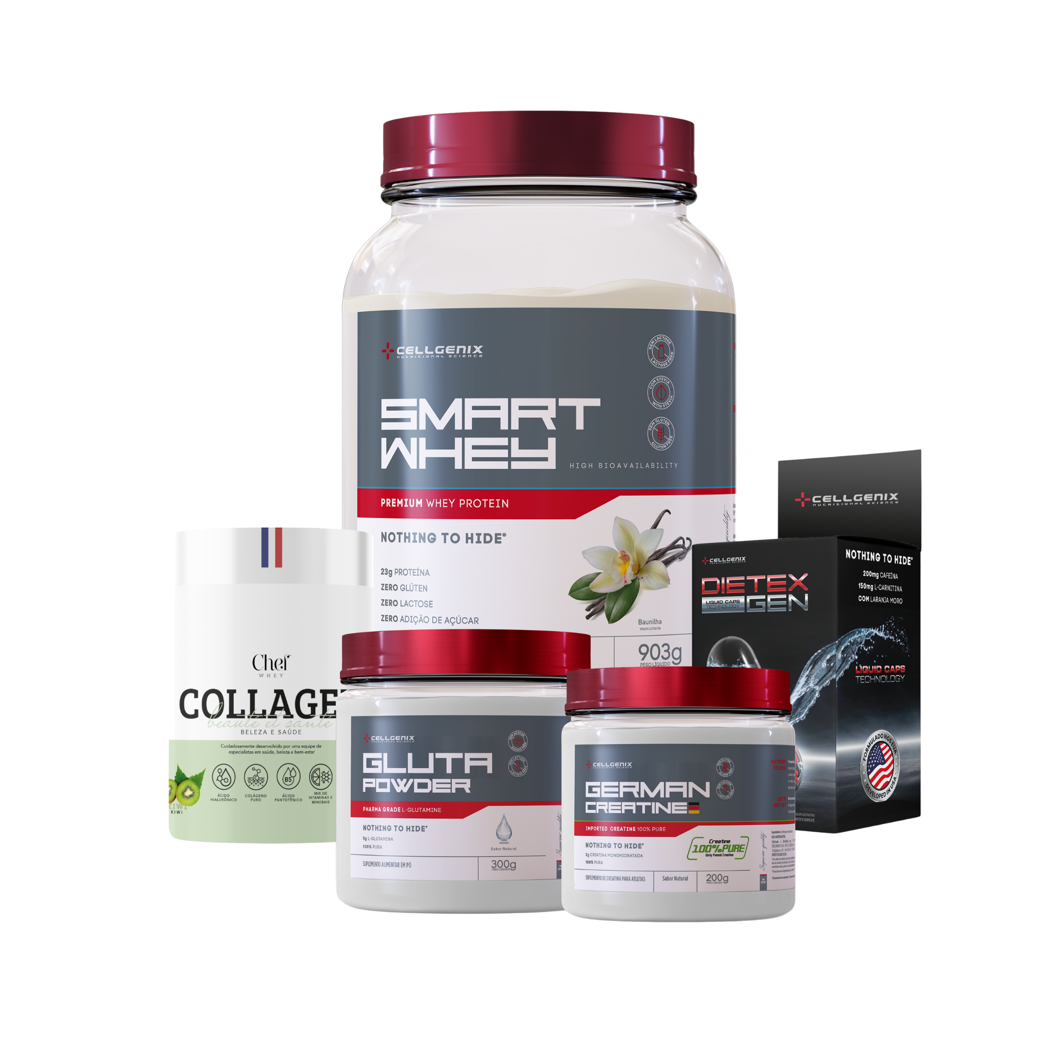 Smart whey 903g Baunilha + Creatina German + Colágeno Kiwi + Glutamina + Dietex