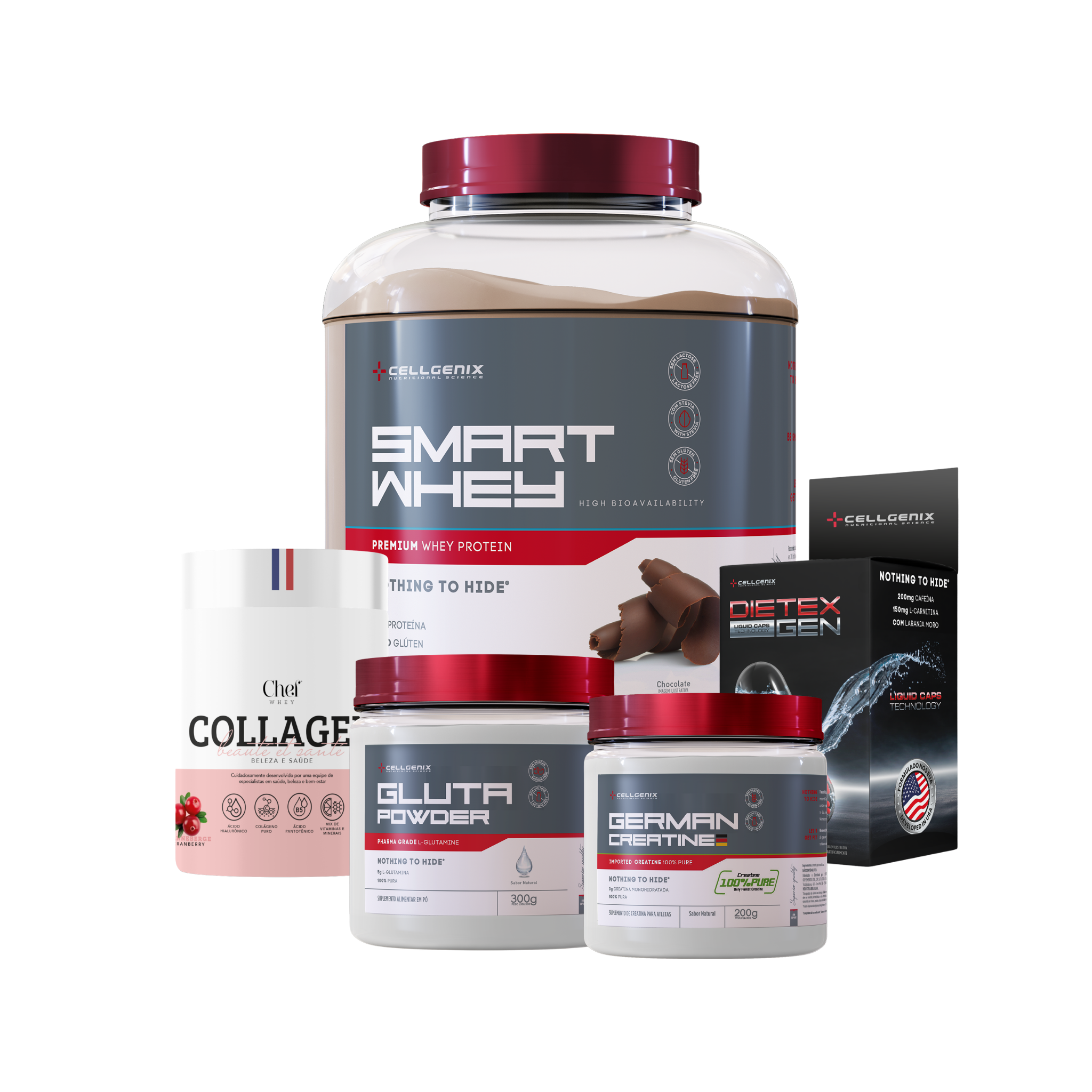 Smart whey 1,8kg Chocolate + Creatina German + Colágeno Cranberry + Glutamina + Dietex