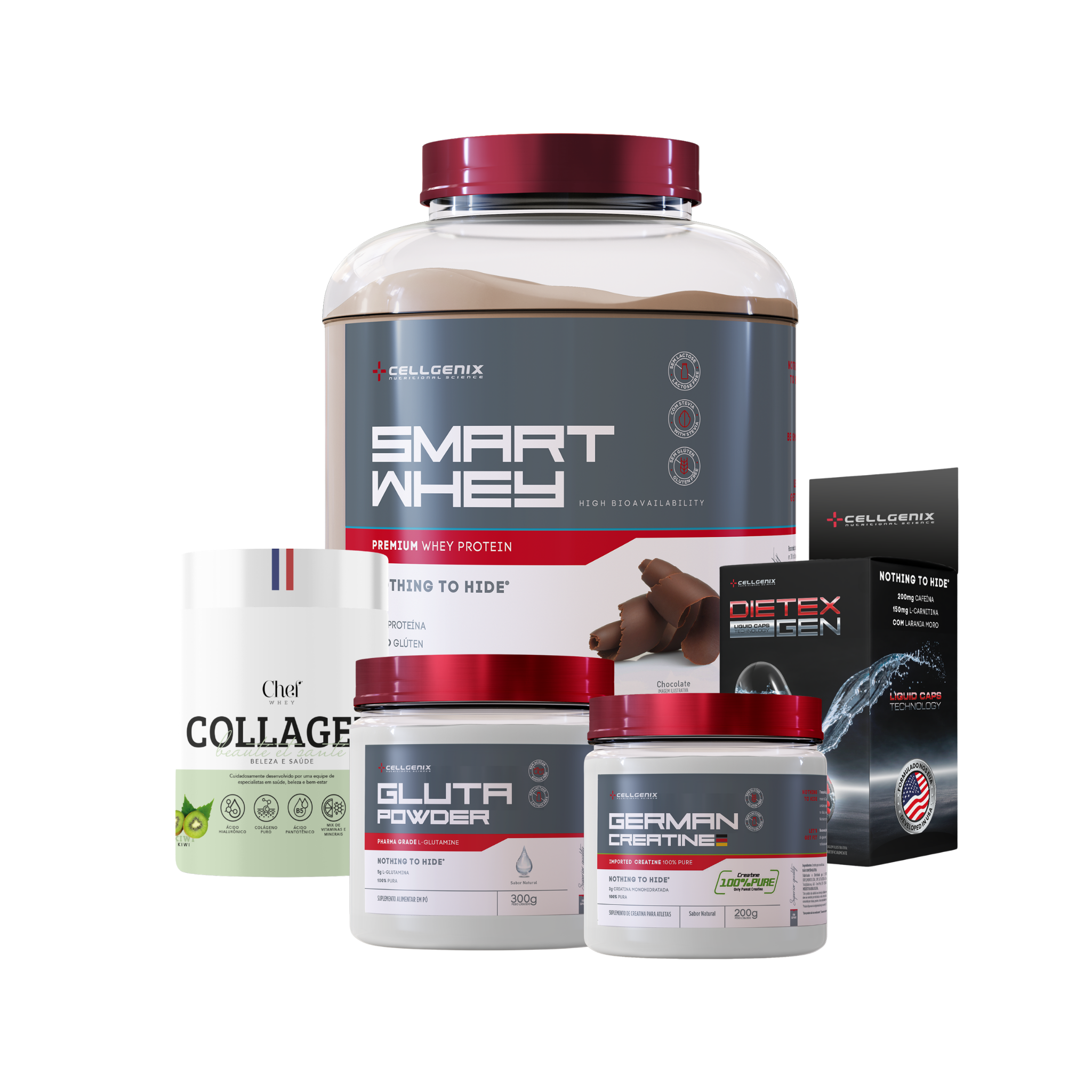 Smart whey 1,8kg Chocolate + Creatina German + Colágeno Kiwi + Glutamina + Dietex