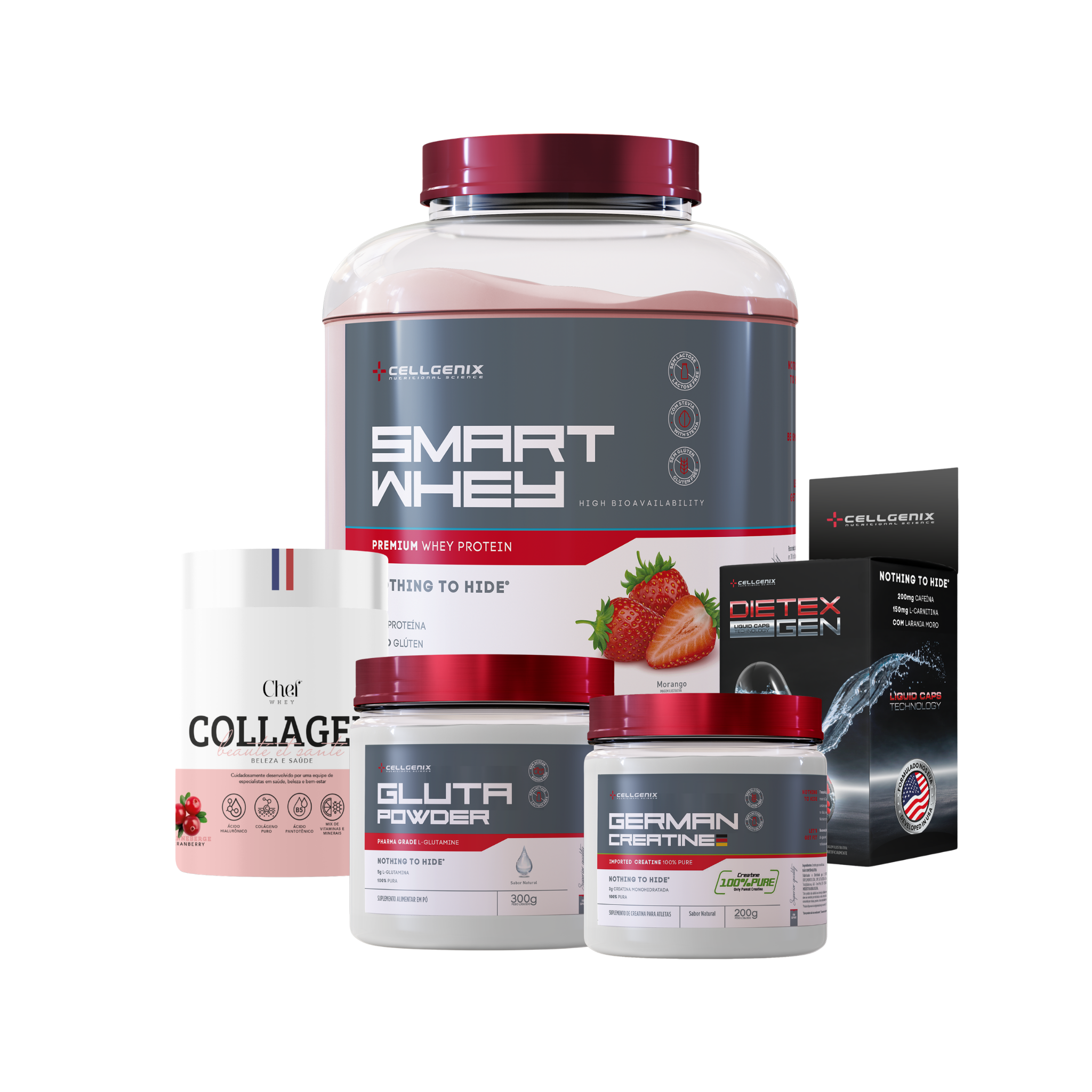 Smart whey 1,8kg Morango + Creatina German + Colágeno Cranberry + Glutamina + Dietex
