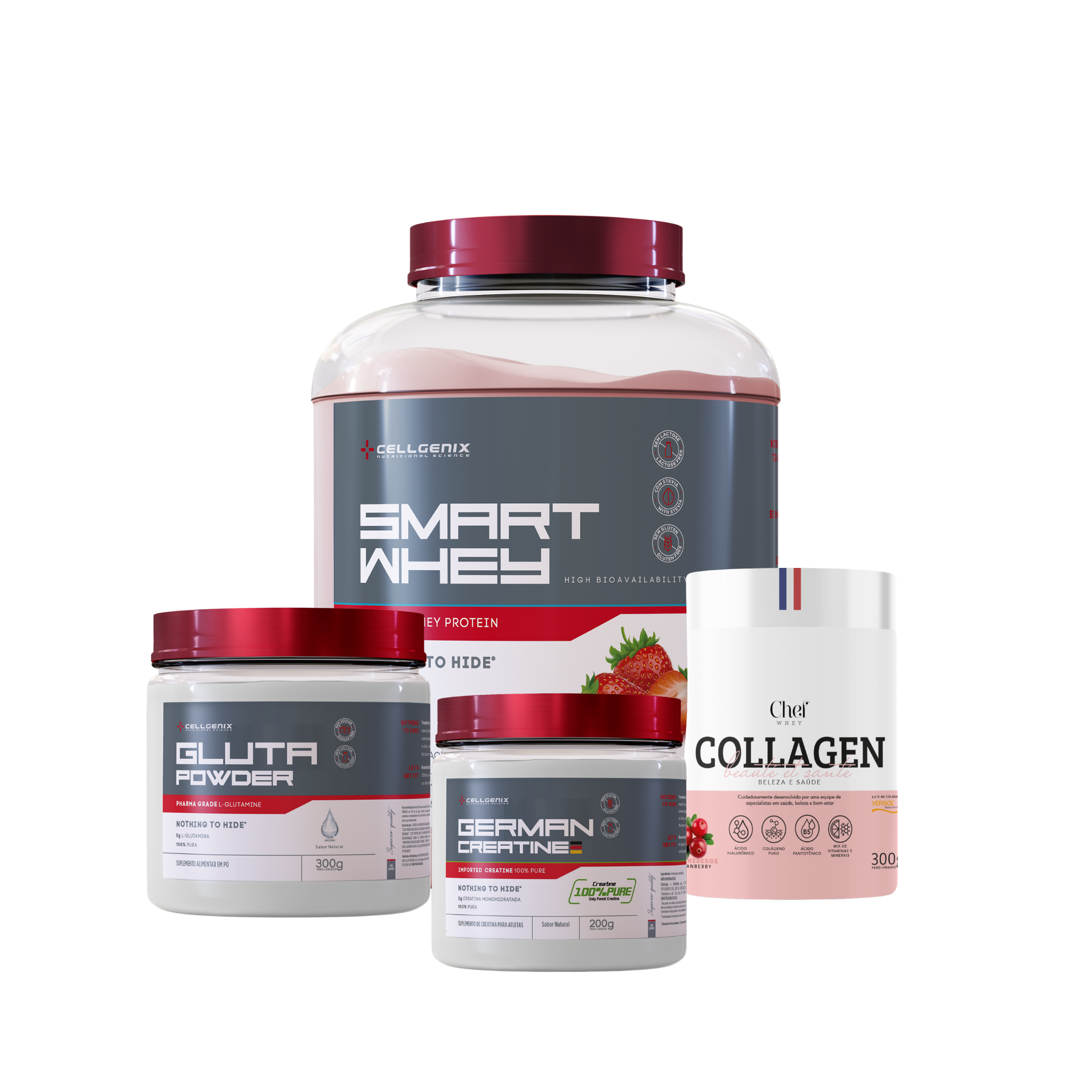 Smart whey 1,8kg Morango + Creatina German + Colágeno Cranberry + Glutamina