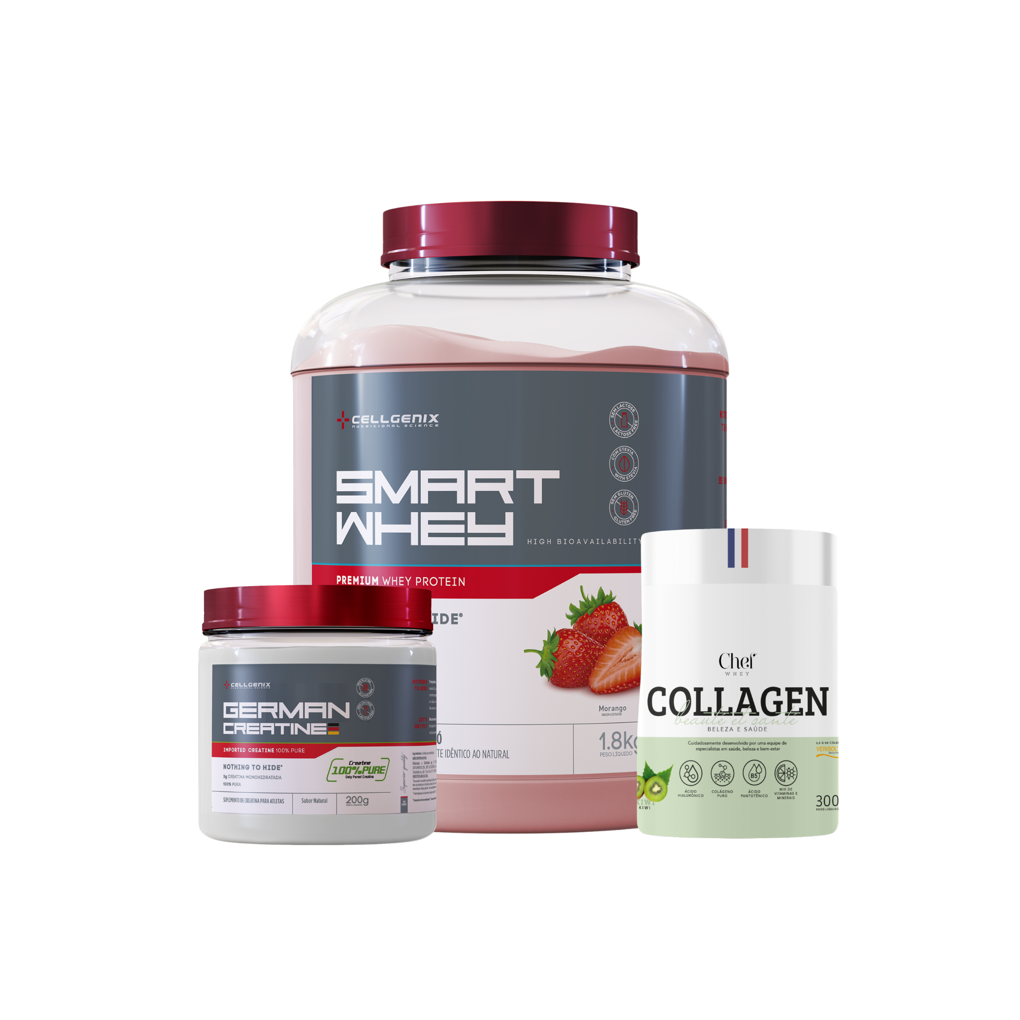 Smart whey 1,8kg Morango + Creatina German + Colágeno Kiwi