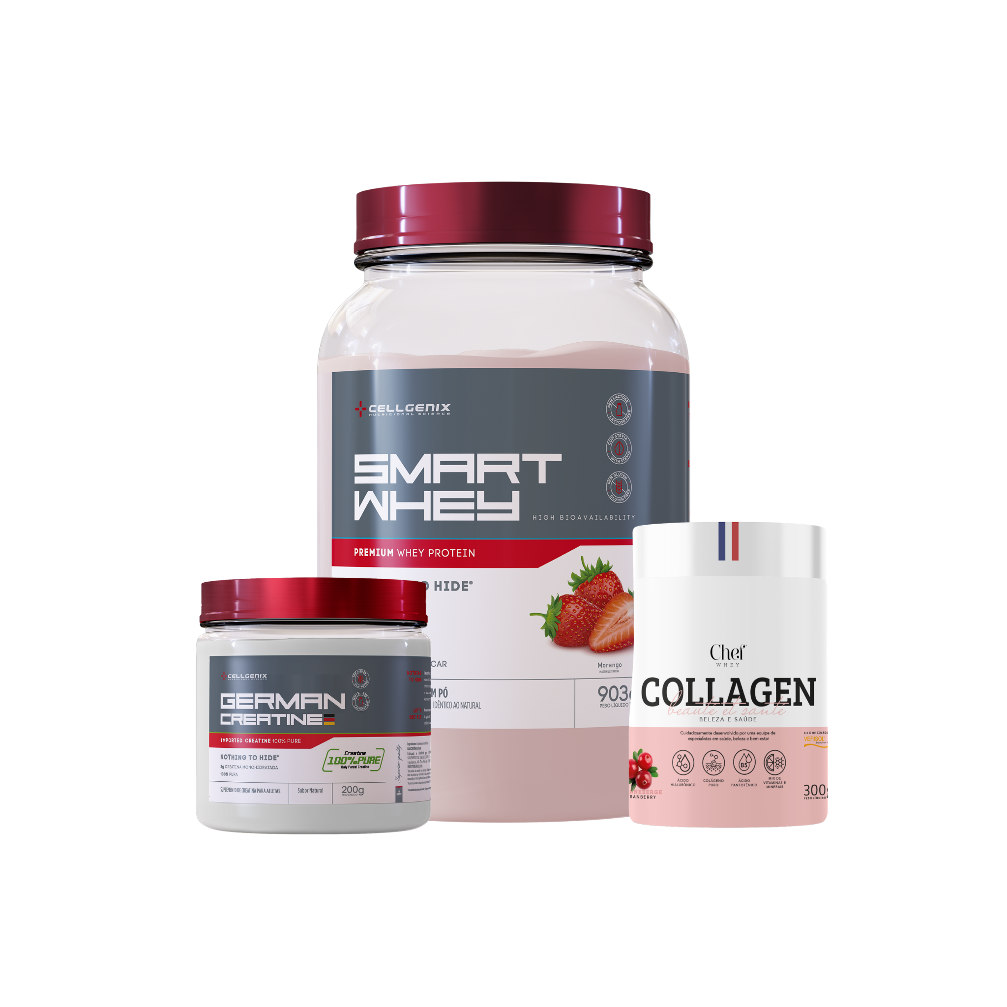 Smart whey 903g Morango + Creatina German + Colágeno Cranberry