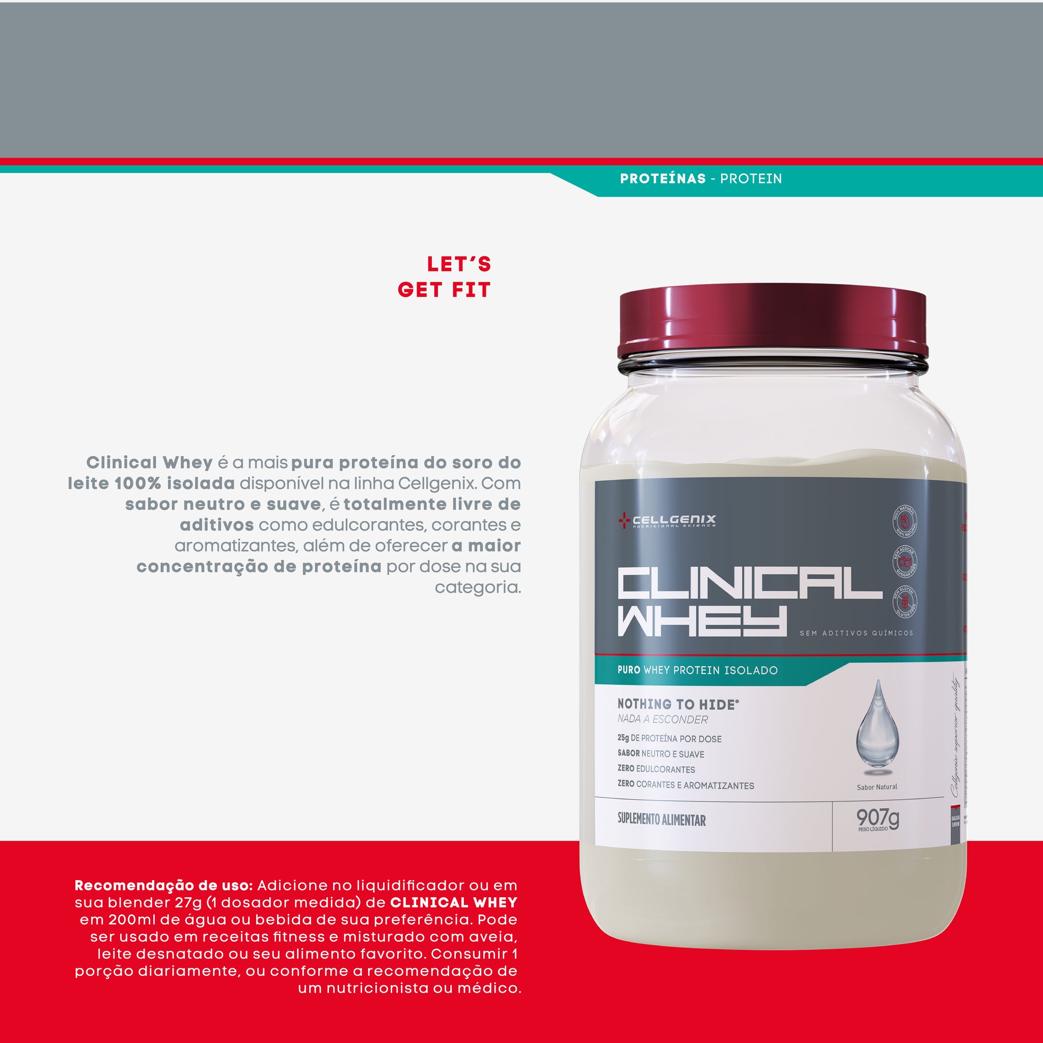 Clinical Whey 907g - 100% Whey Protein Isolado e Hidrolisado Puro
