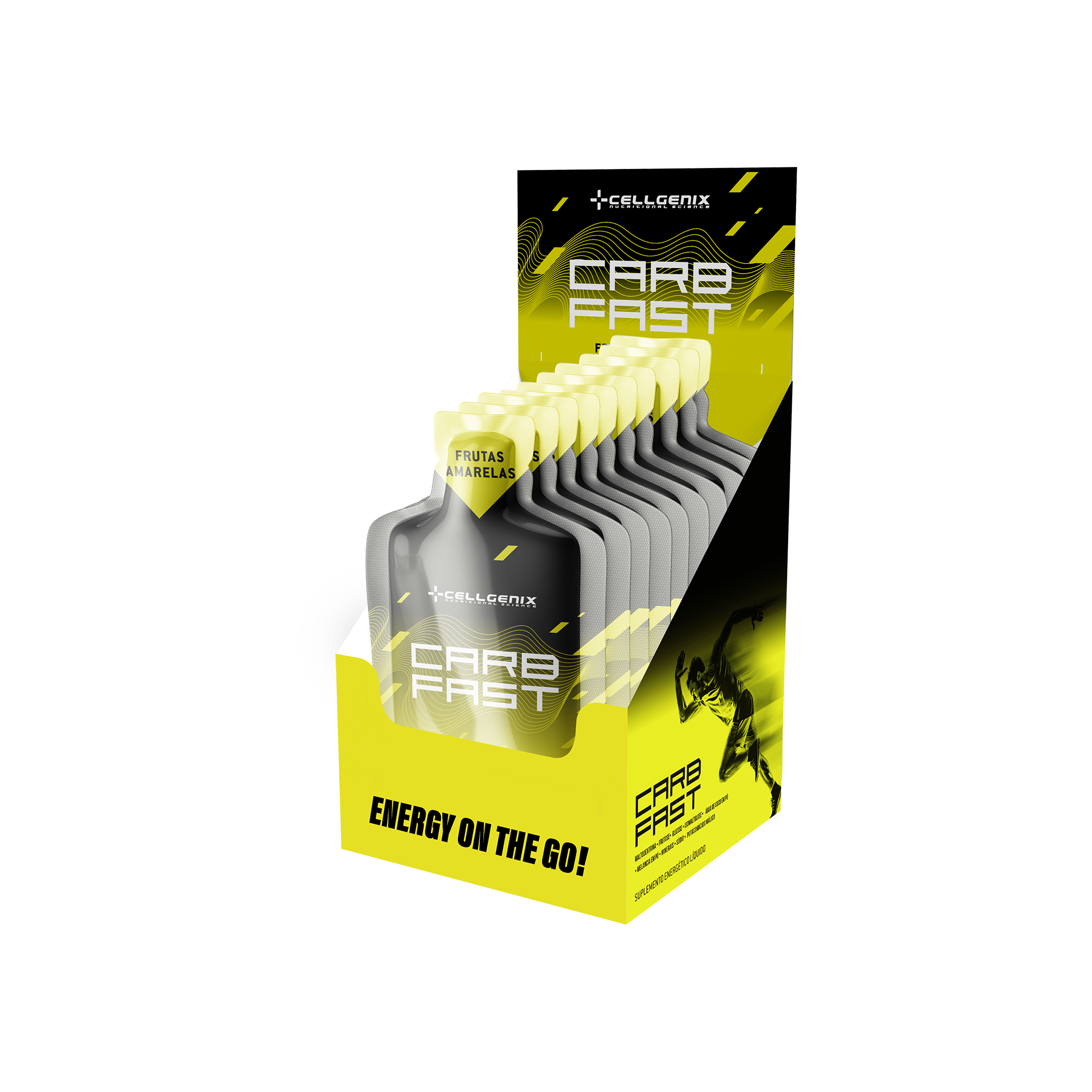 Display com 10 sachês do Carb Fast Gel sabor Frutas Amarelas