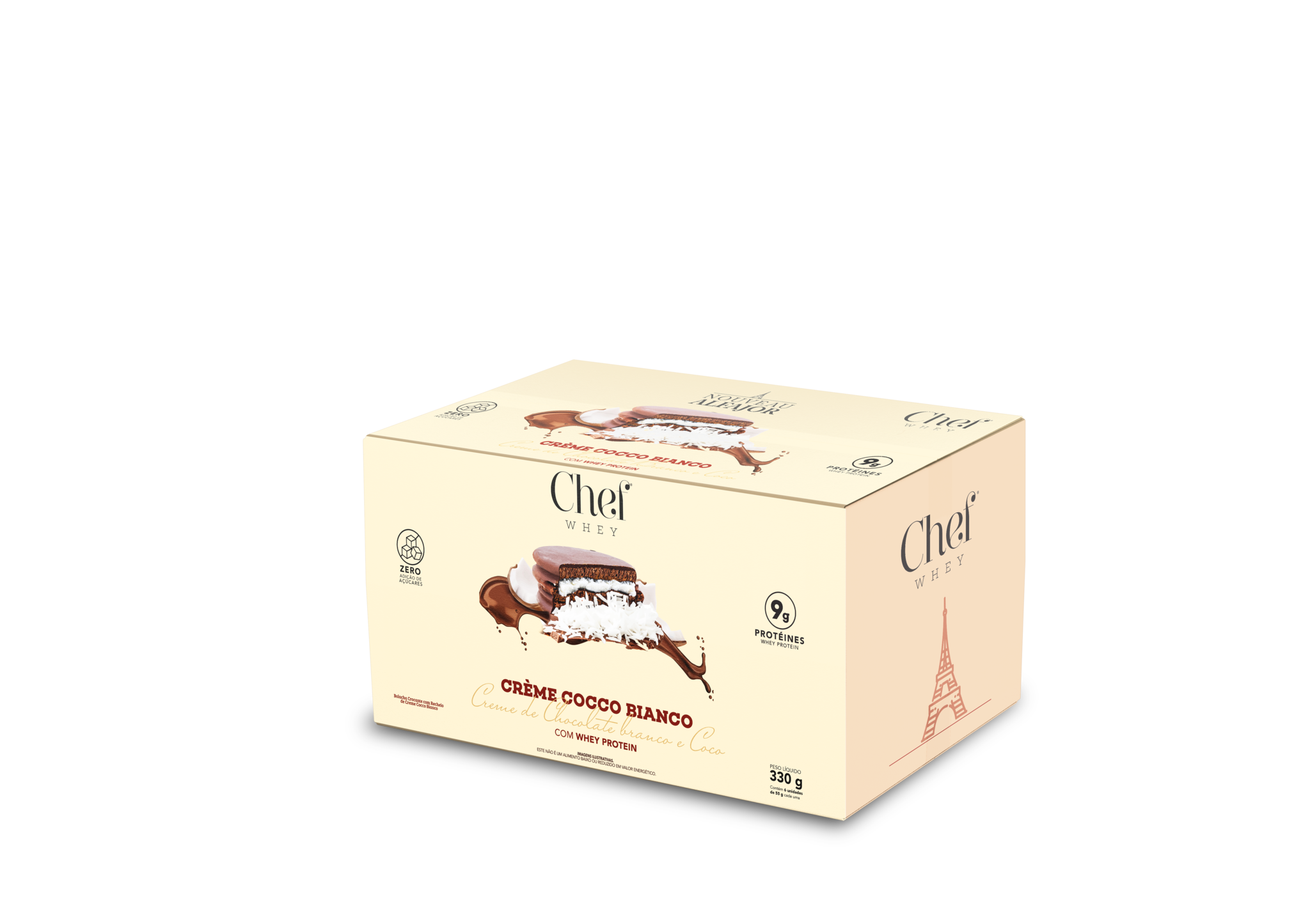 Display com 6 unidades do Alfajor Proteico Chef Whey sabor Chocolate Branco com Coco