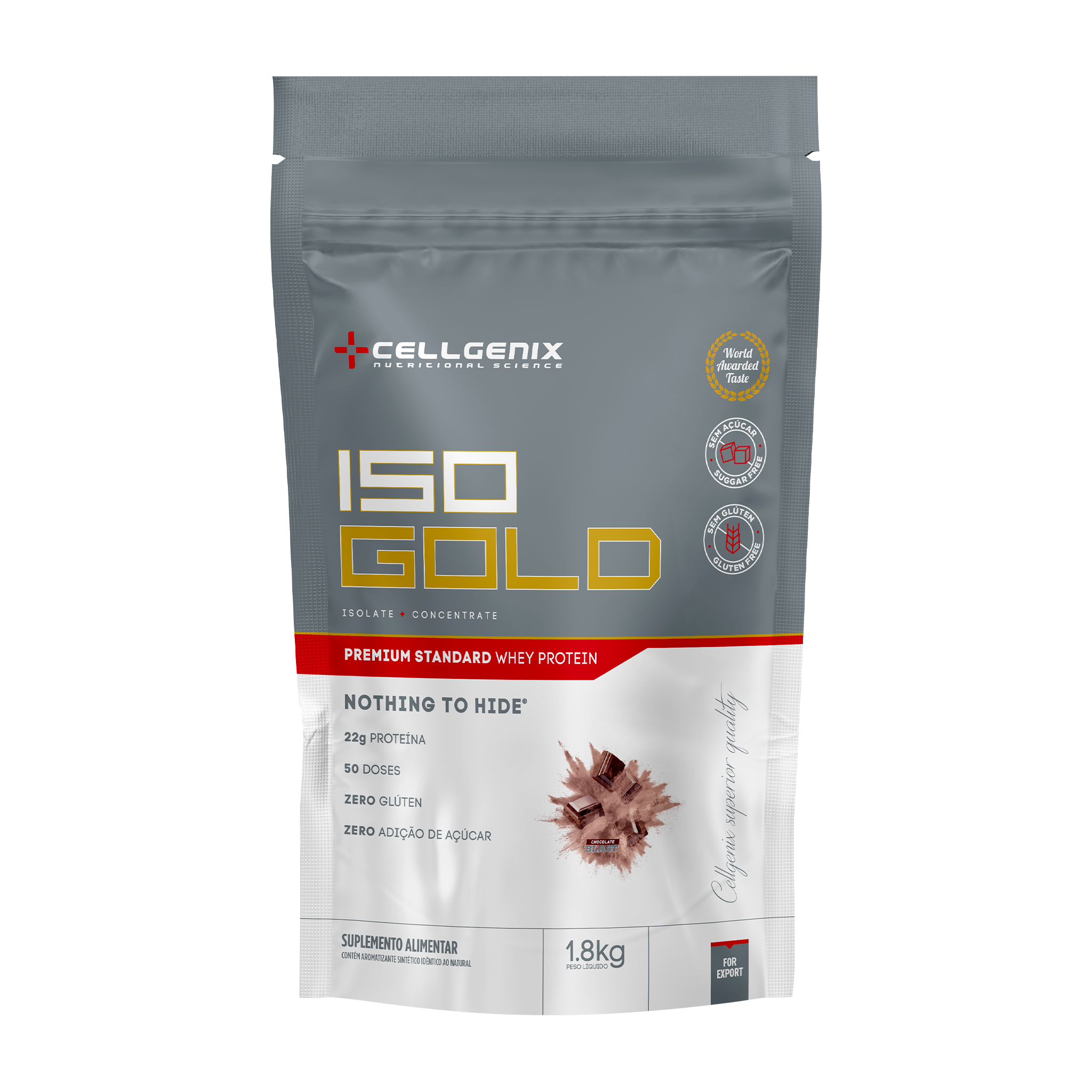 Embalagem refil do Iso Gold Whey Protein Premium 1.8kg sabor Chocolate Blast