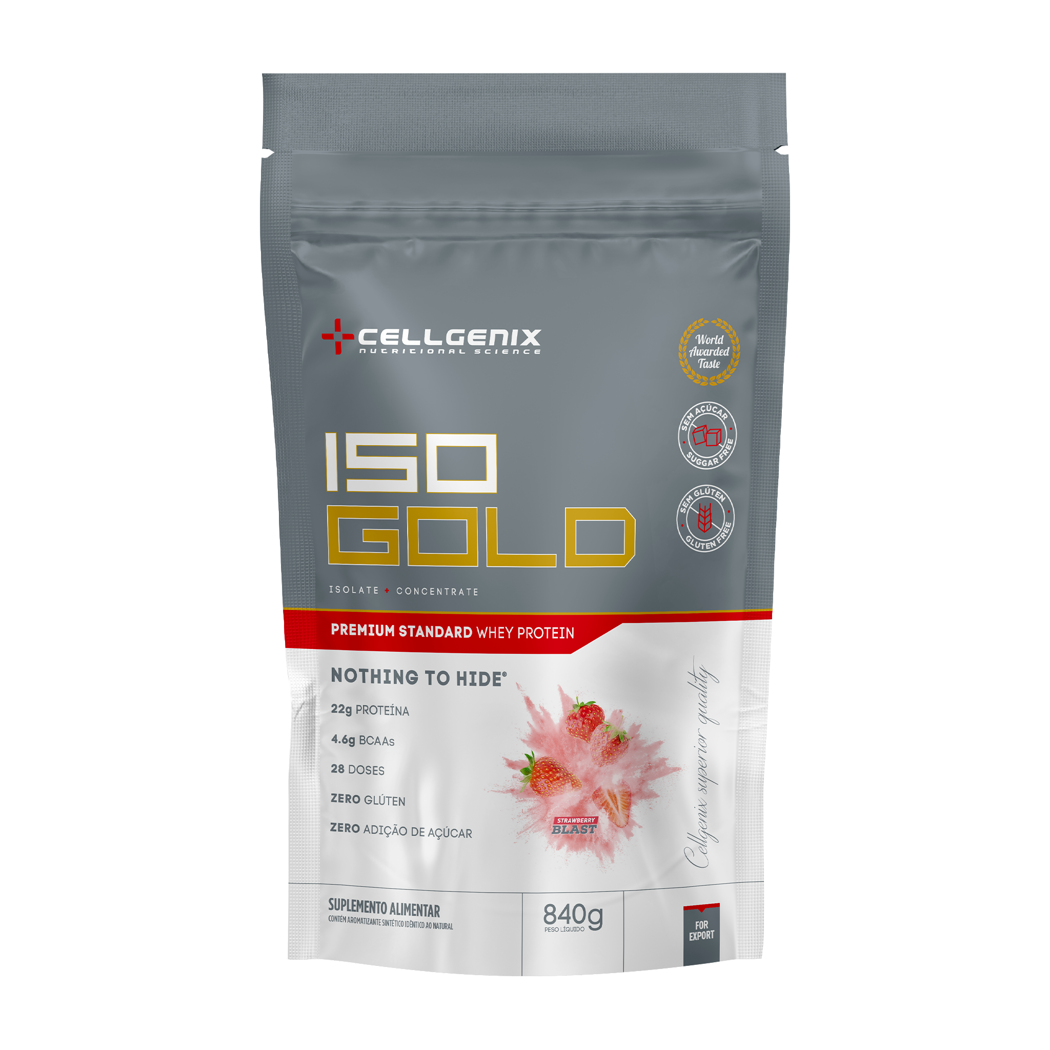 Embalagem refil do Iso Gold Whey Protein Premium 840g sabor Morango