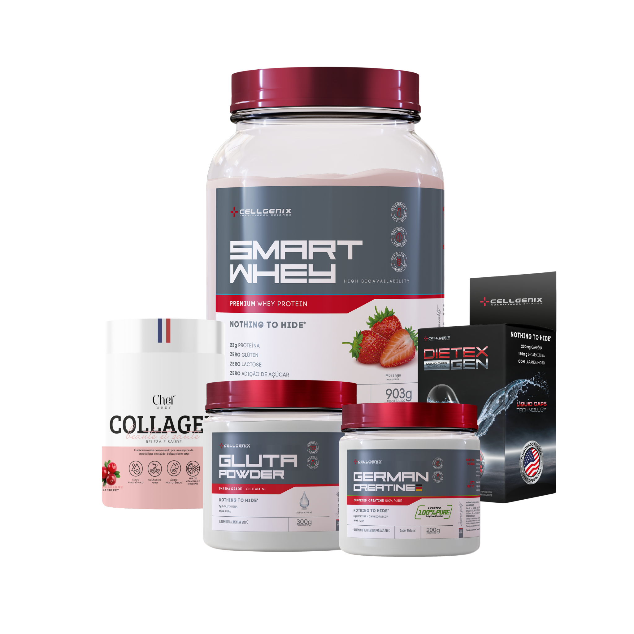 Smart whey 903g Morango + Creatina German + Colágeno Kiwi + Glutamina + Dietex