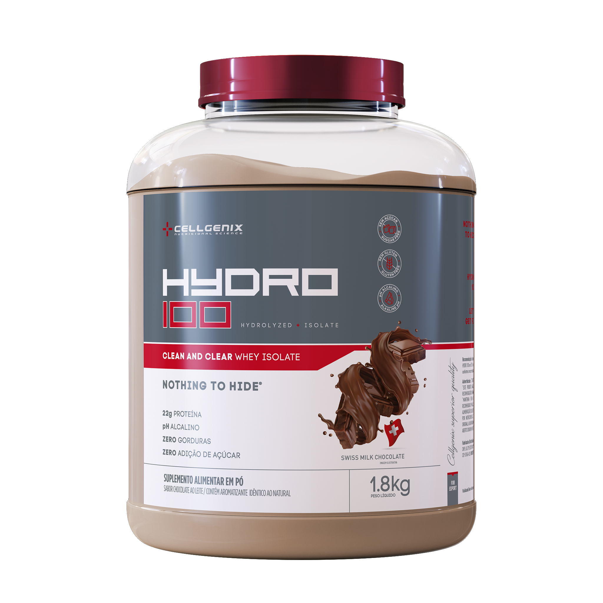 Pote de 1.8kg do Hydro 100 Whey Hidrolisado sabor Chocolate Suíço