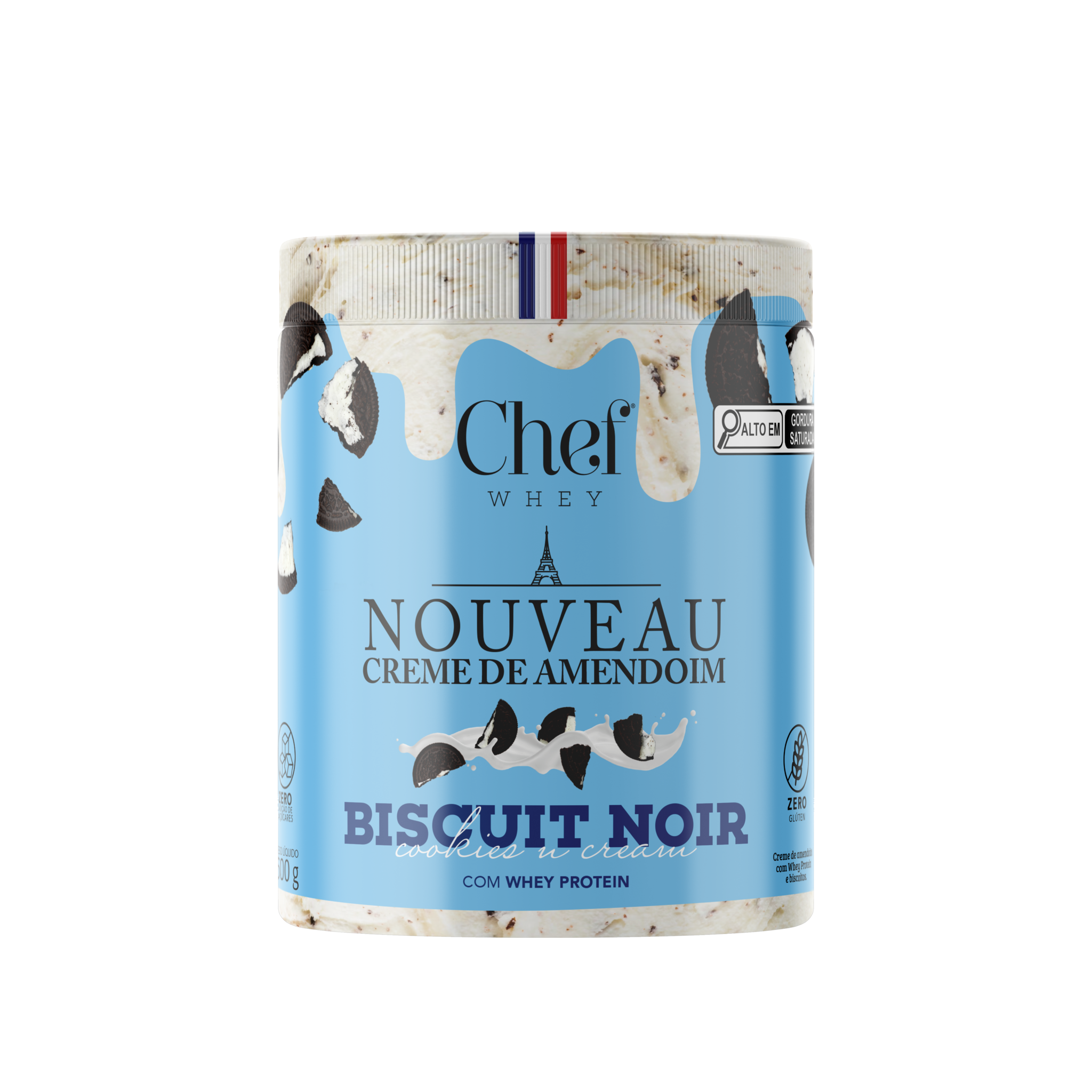 Pote de 600g do Creme de Amendoim sabor Cookies & Cream da Chef Whey