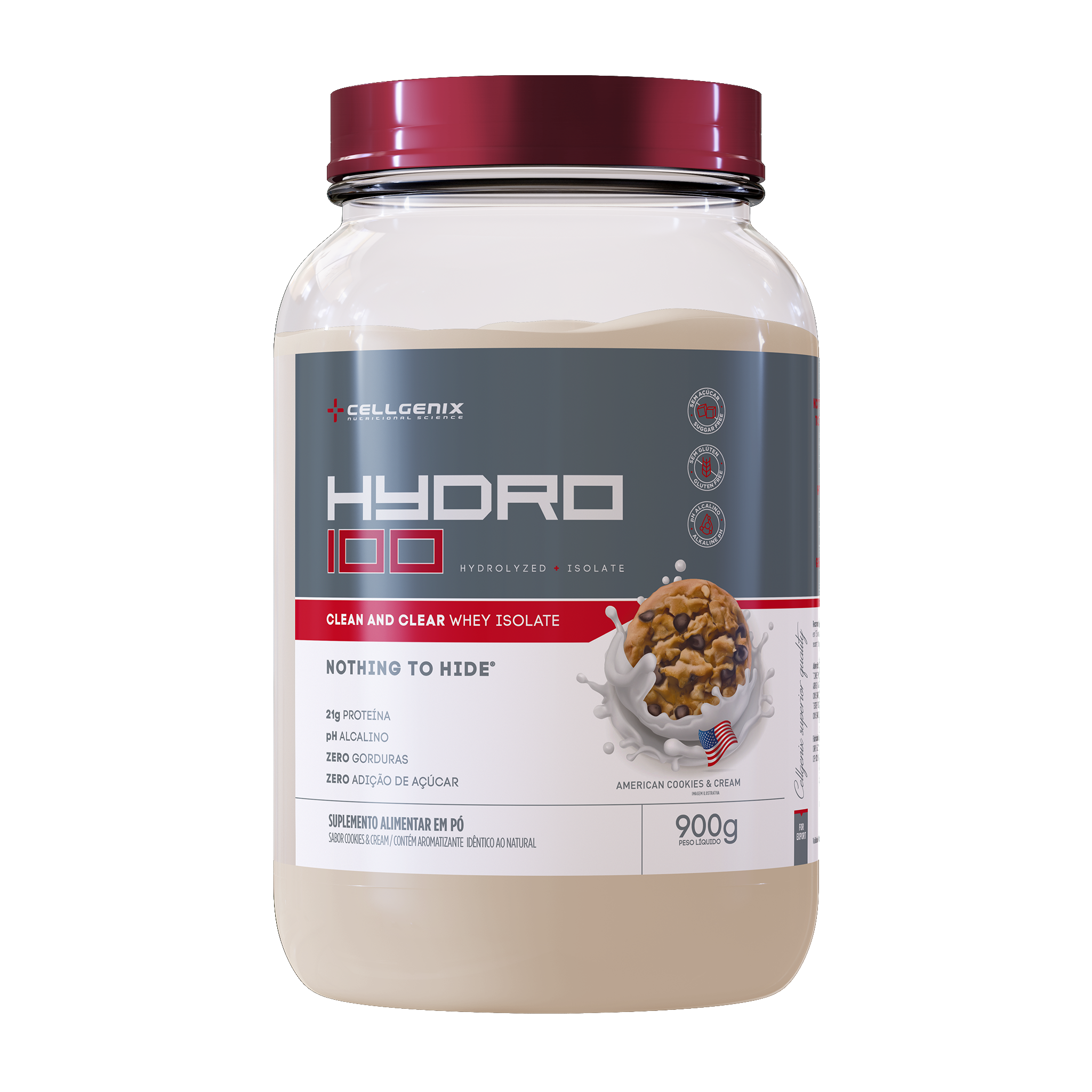 Pote de 900g do Hydro 100 Whey Hidrolisado sabor American Cookies and Cream da Cellgenix