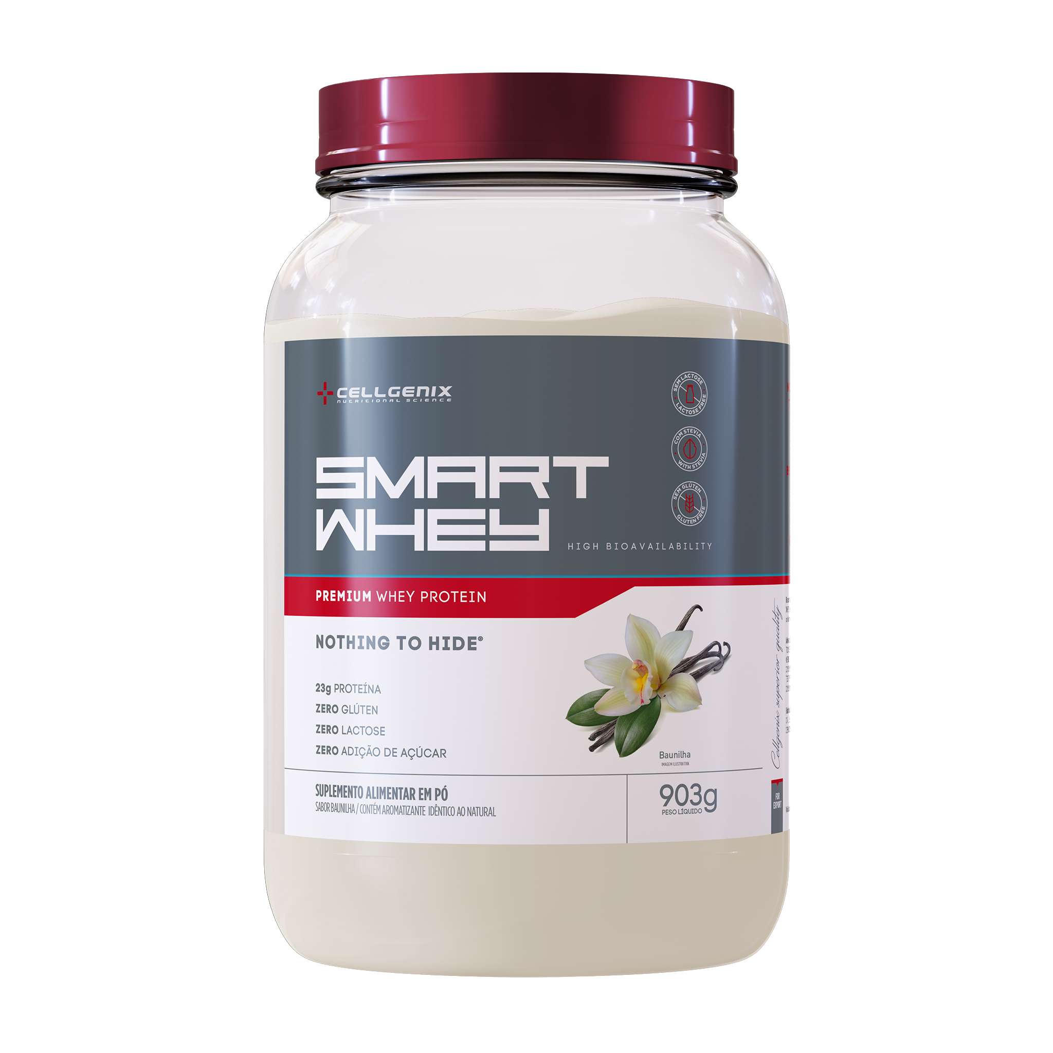 Pote de 903g do Smart Whey Zero Lactose sabor Triple Baunilha