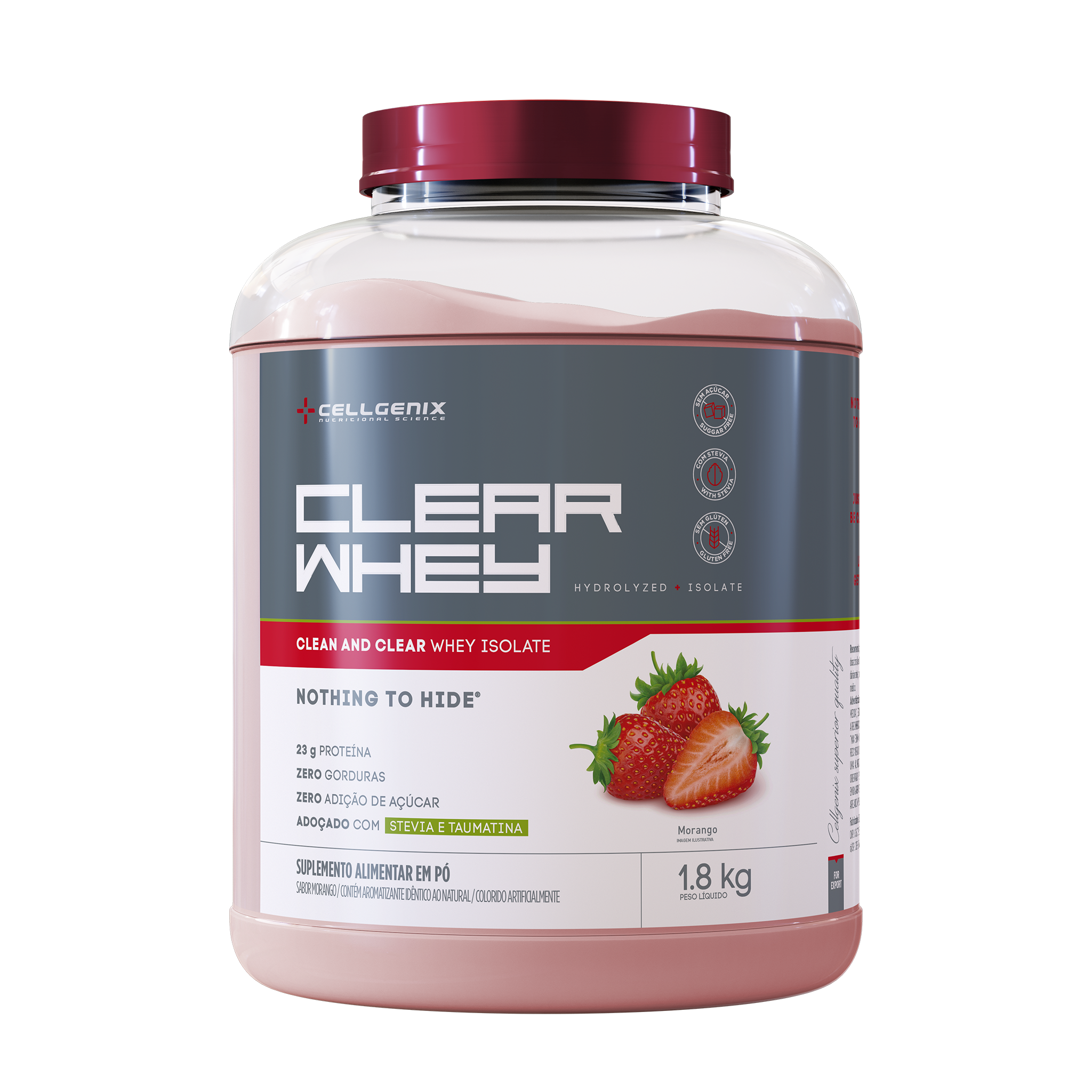 Pote do Clear Whey Isolado e Hidrolisado 1.8kg sabor Morango
