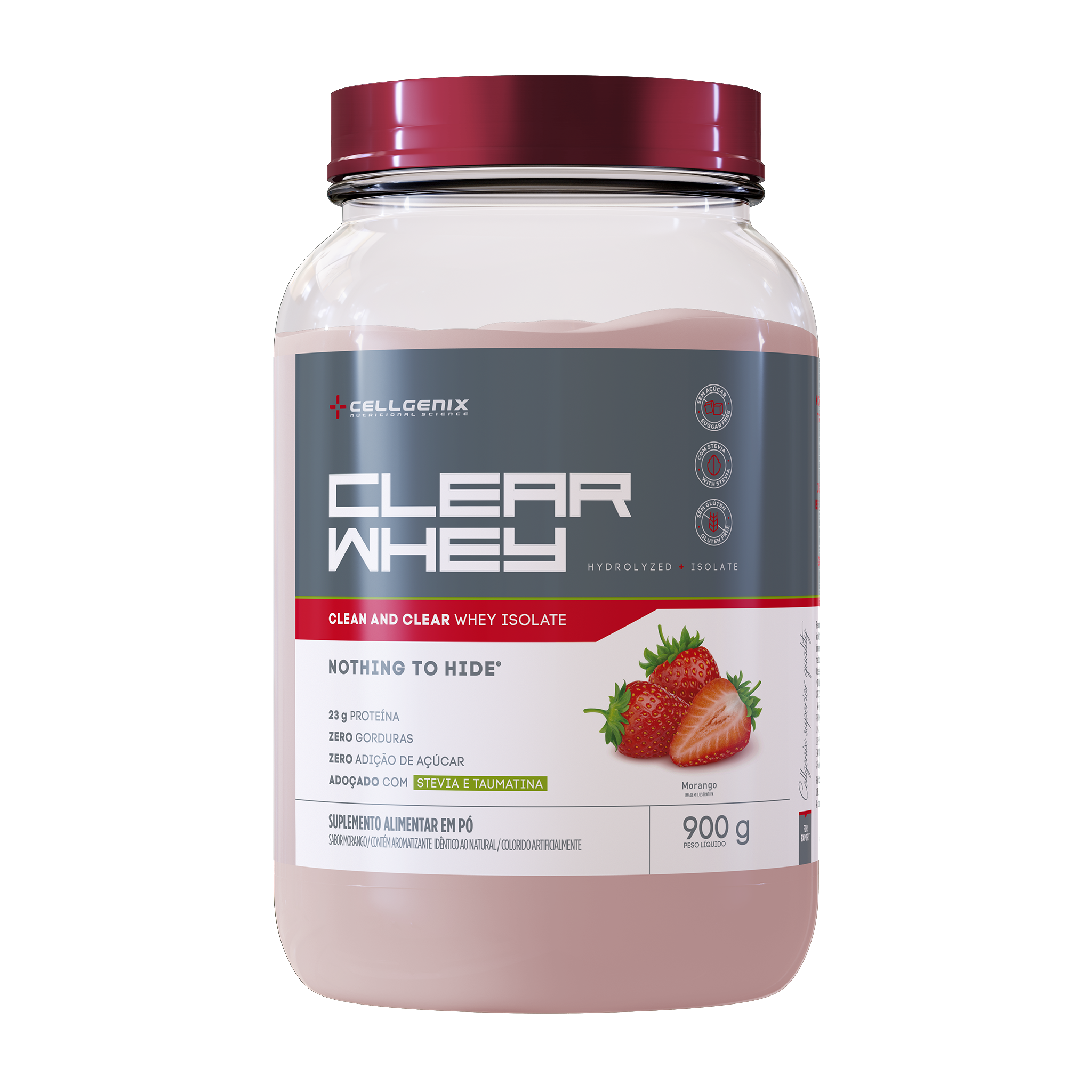 Pote do Clear Whey Isolado e Hidrolisado 907g sabor Morango