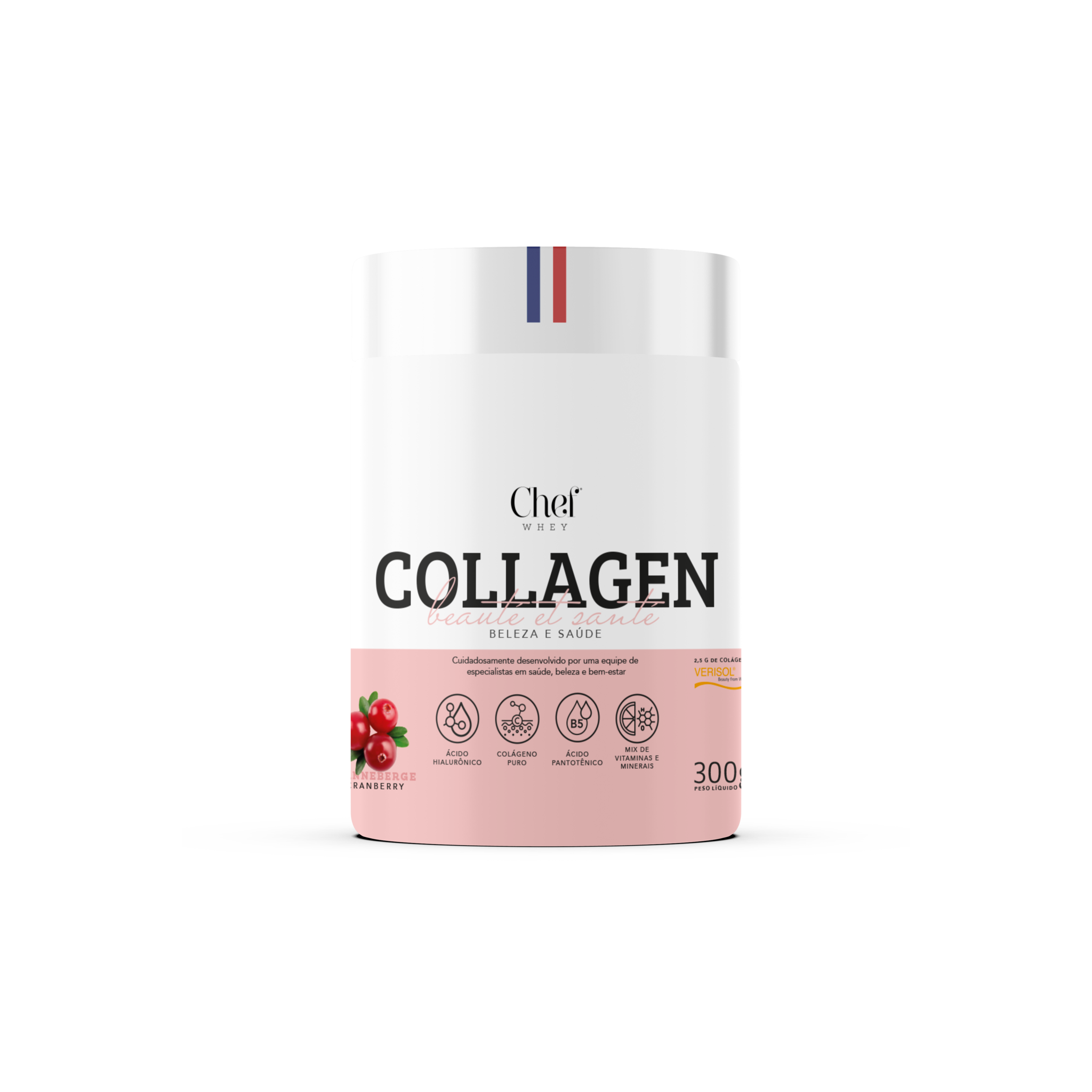 Pote do Collagen Chef Whey com Colágeno VERISOL® sabor Cranberry