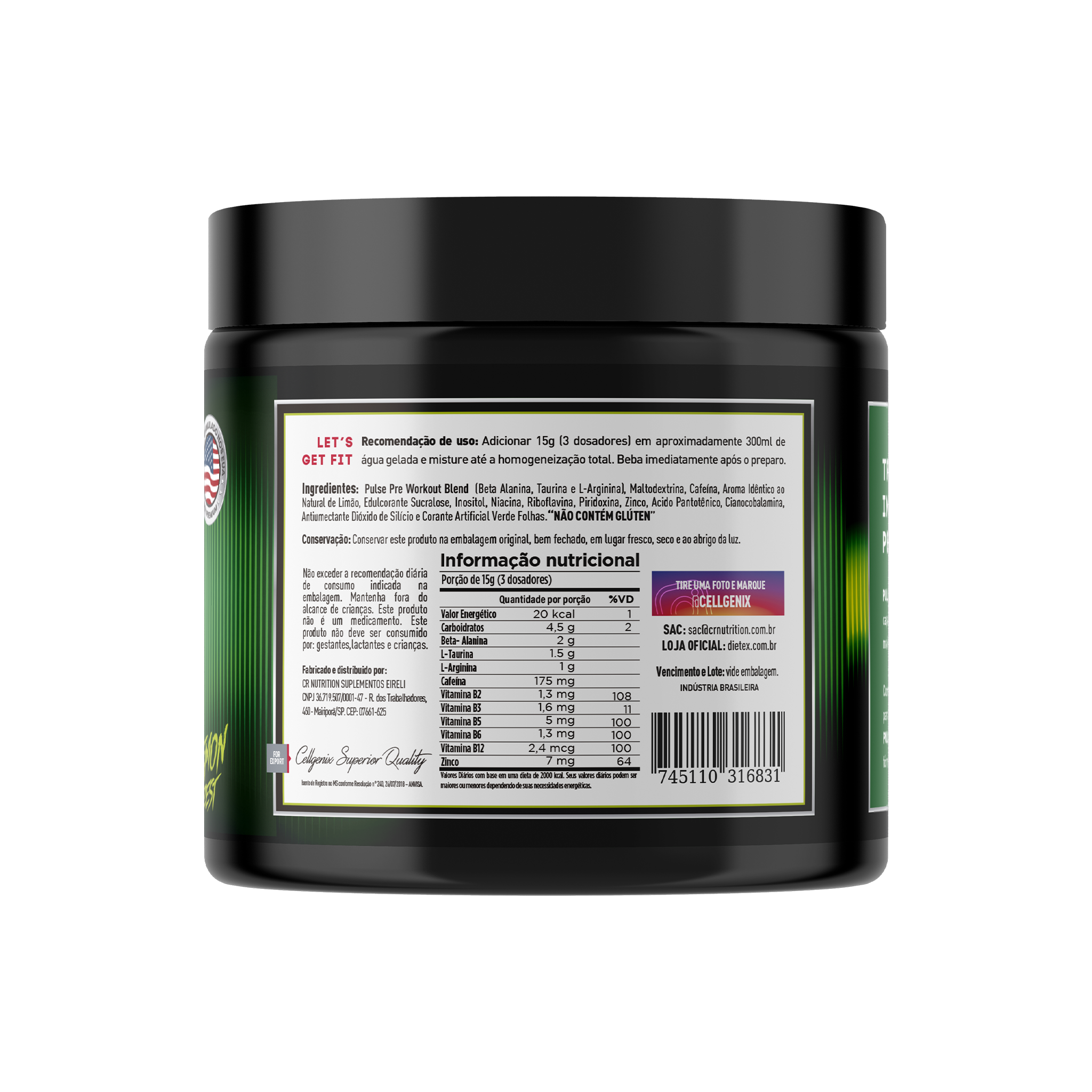 Verso do Pré-Treino Pulse 300g sabor Lemon Zest