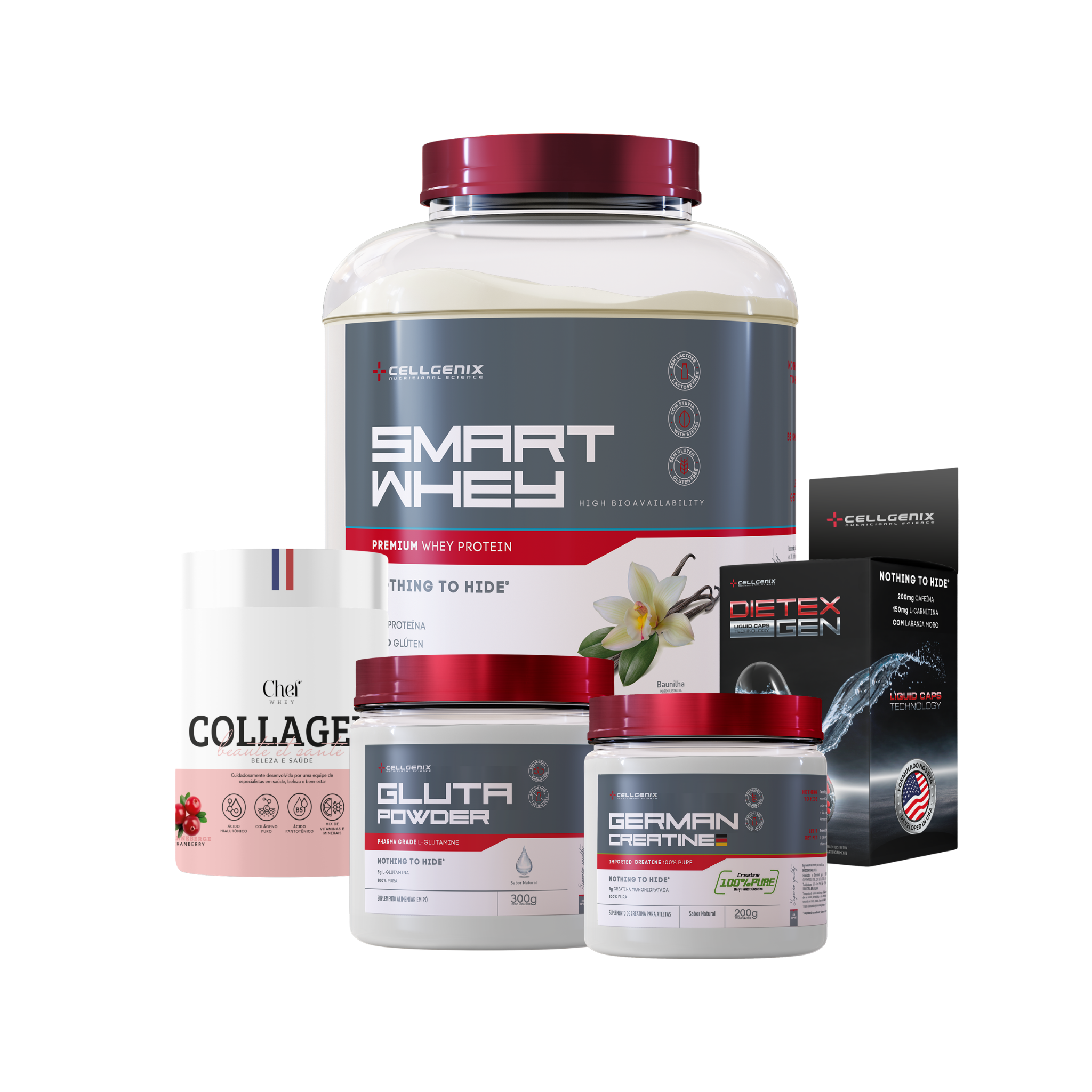 Smart whey 1,8kg Baunilha + Creatina German + Colágeno Cranberry + Glutamina + Dietex