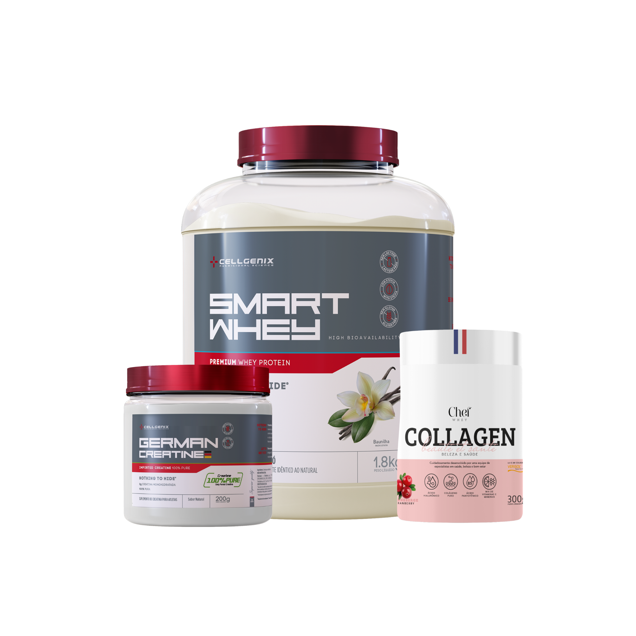 Smart whey 1,8kg Baunilha + Creatina German + Colágeno Cranberry