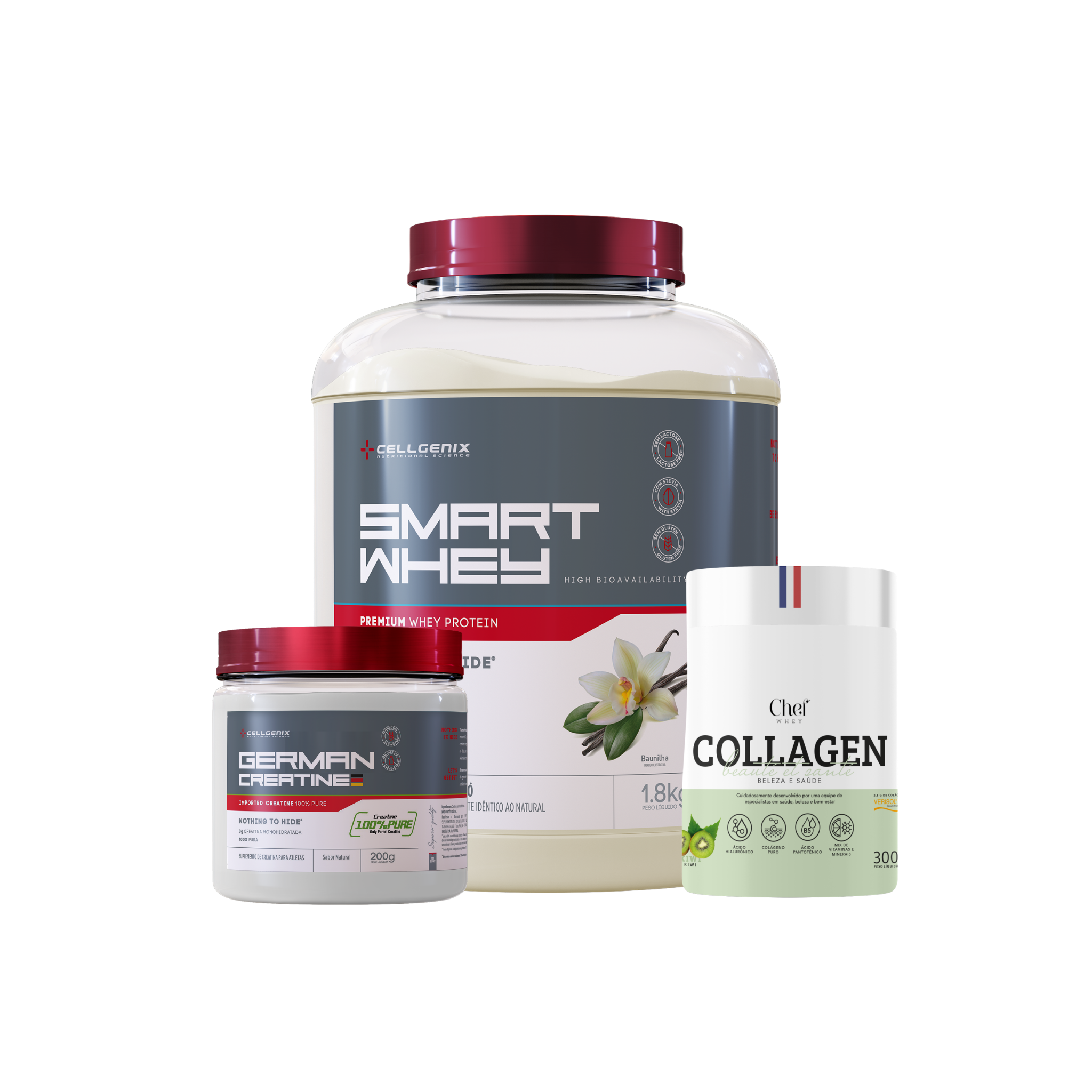 Smart whey 1,8kg Baunilha + Creatina German + Colágeno kiwi