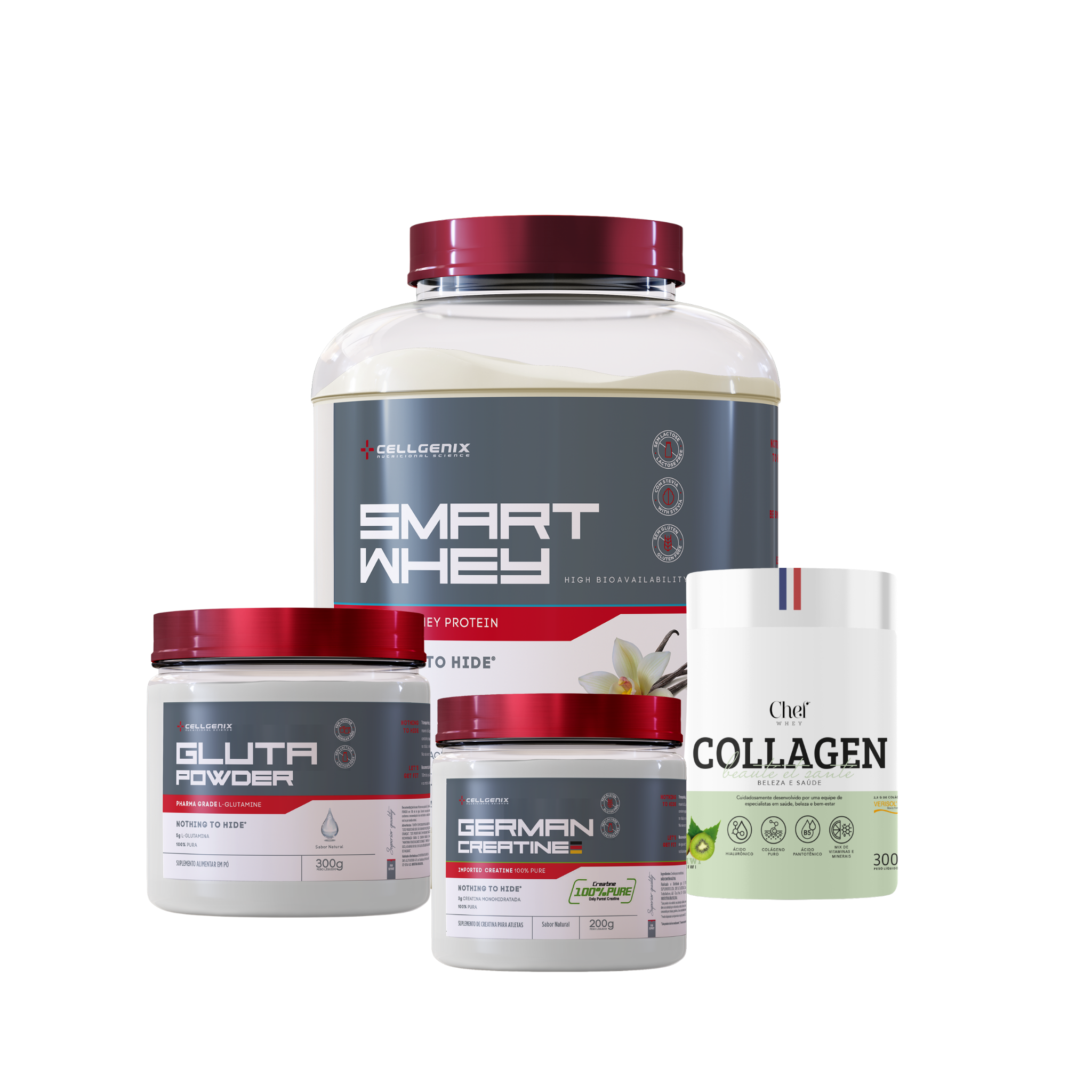 Smart whey 1,8kg Baunilha + Creatina German + Colágeno Kiwi + Glutamina