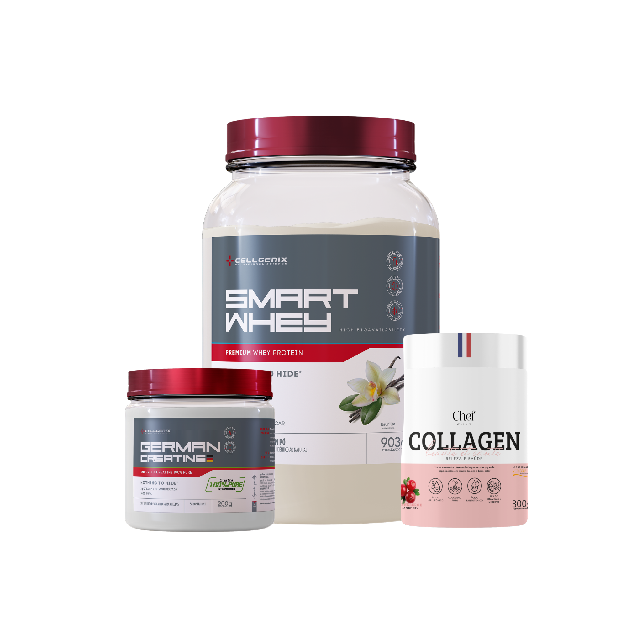 Smart whey 903g Baunilha + Creatina German + Colágeno Cranberry