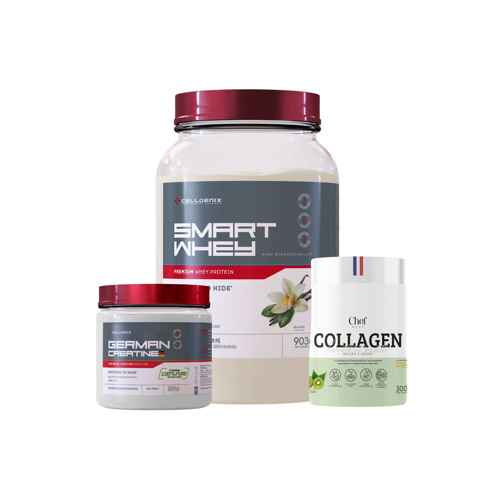 Smart whey 903g Baunilha + Creatina German + Colágeno Kiwi