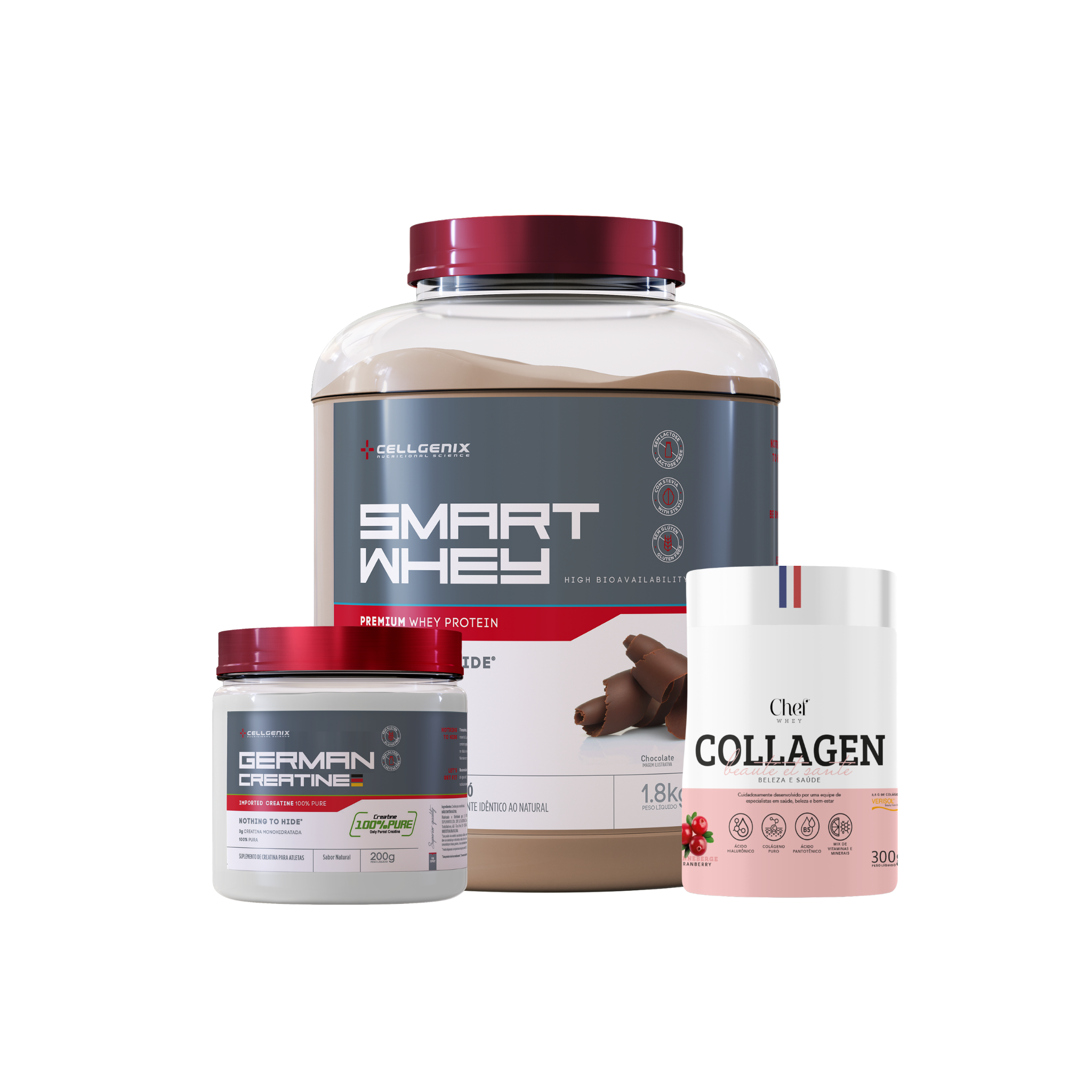 Smart whey 1,8kg Chocolate + Creatina German + Colágeno Cranberry