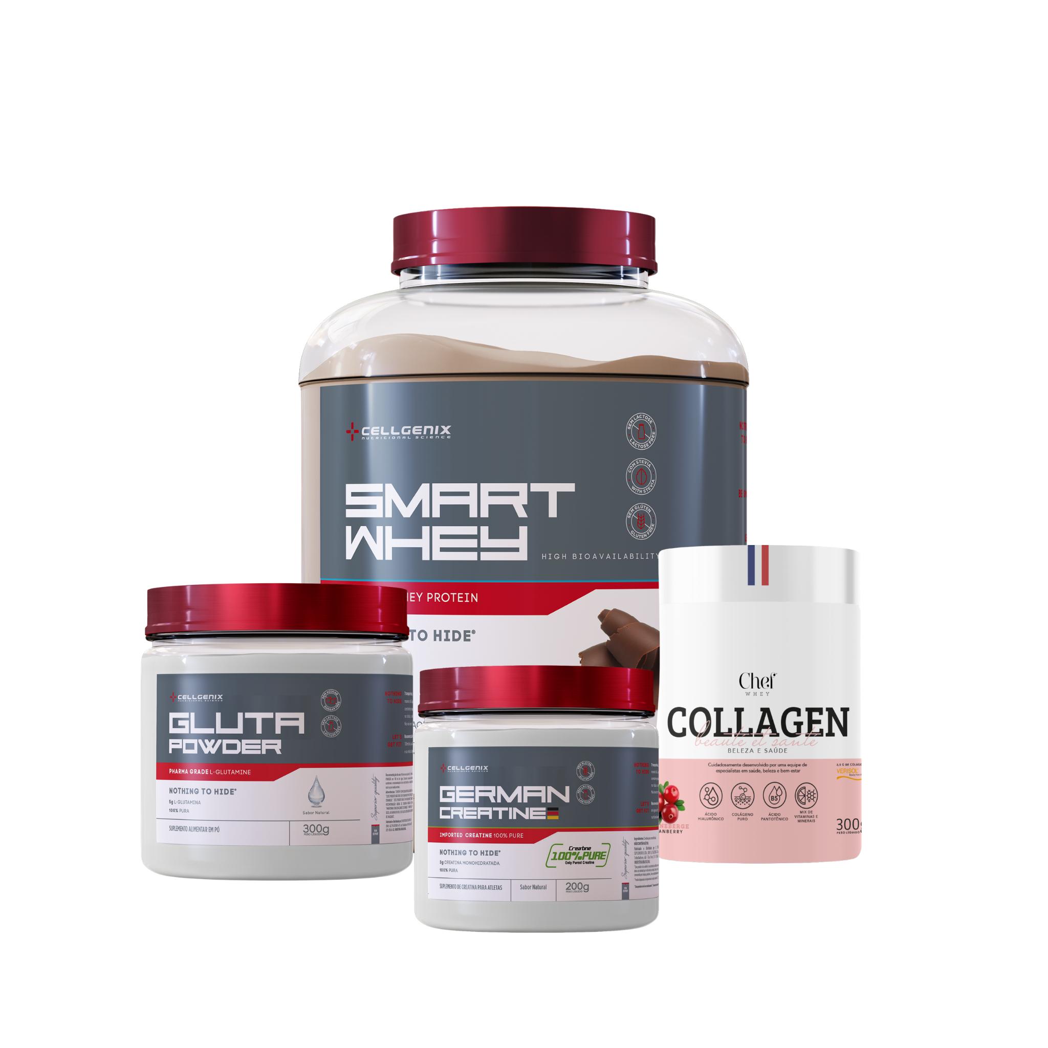 Smart whey 1,8kg Chocolate + Creatina German + Colágeno Cranberry + Glutamina
