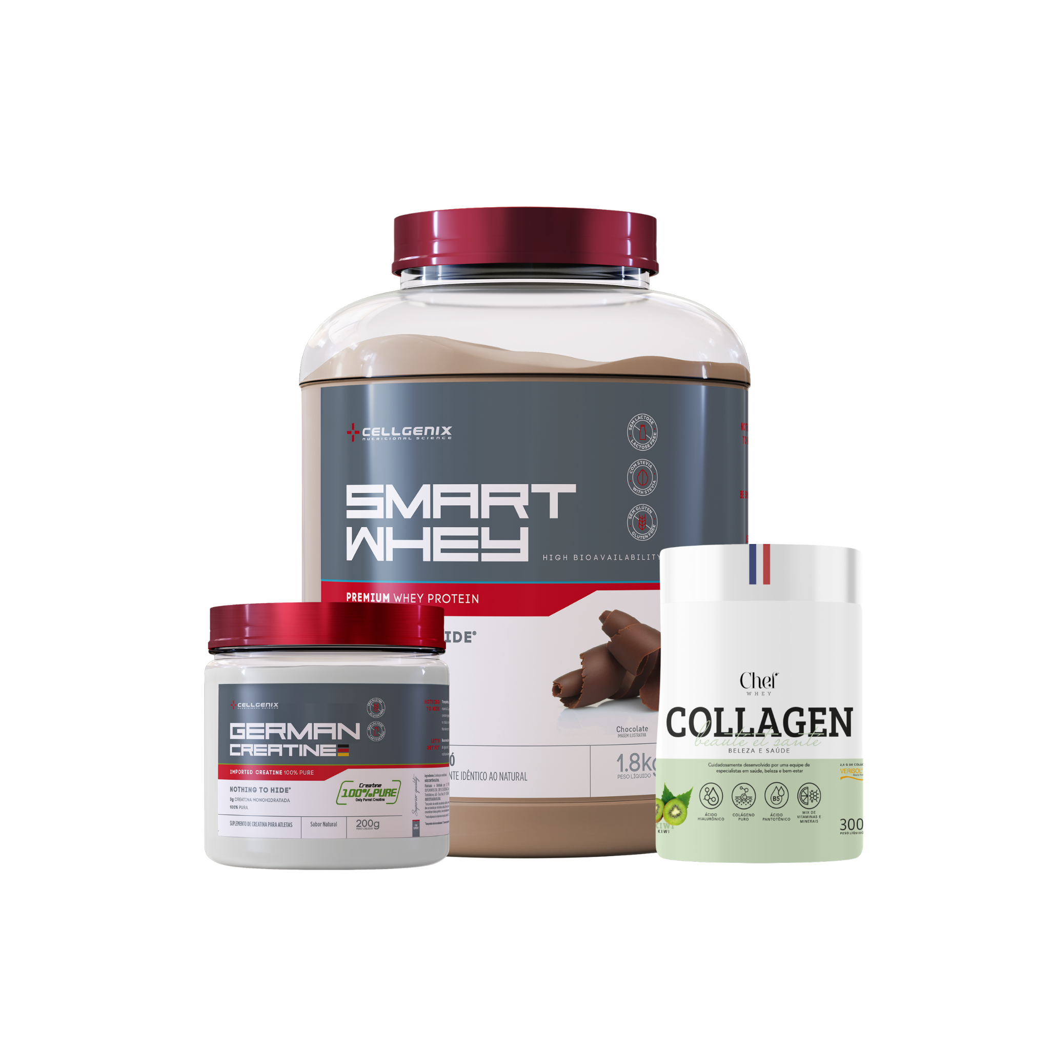 Smart whey 1,8kg Chocolate + Creatina German + Colágeno Kiwi