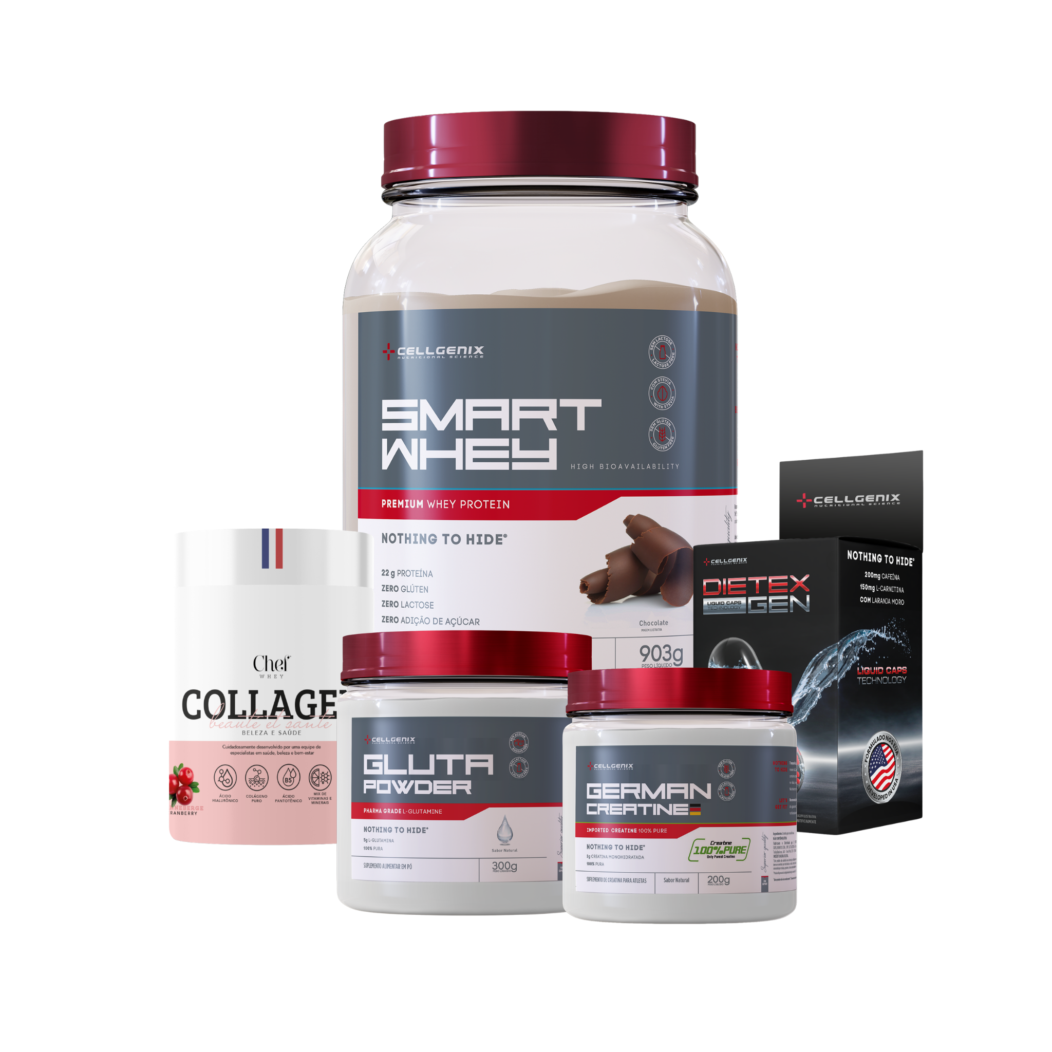 Smart whey 903g Chocolate + Creatina German + Colágeno Cranberry + Glutamina + Dietex