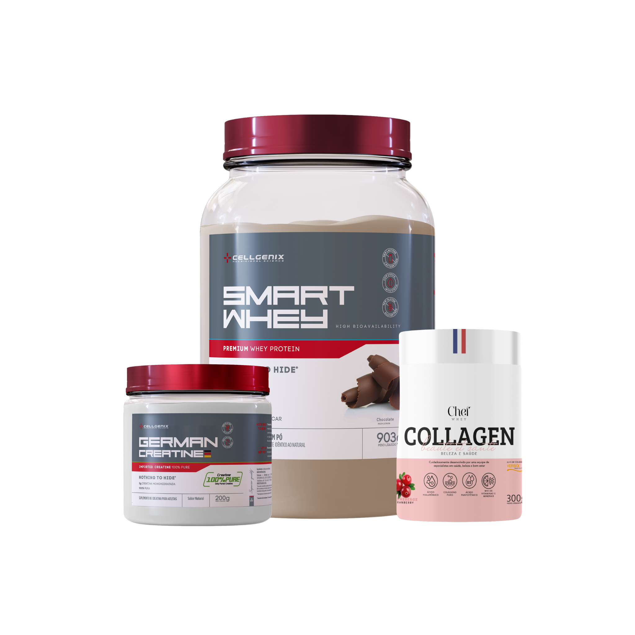 Smart whey 903g Chocolate + Creatina German + Colágeno Cranberry