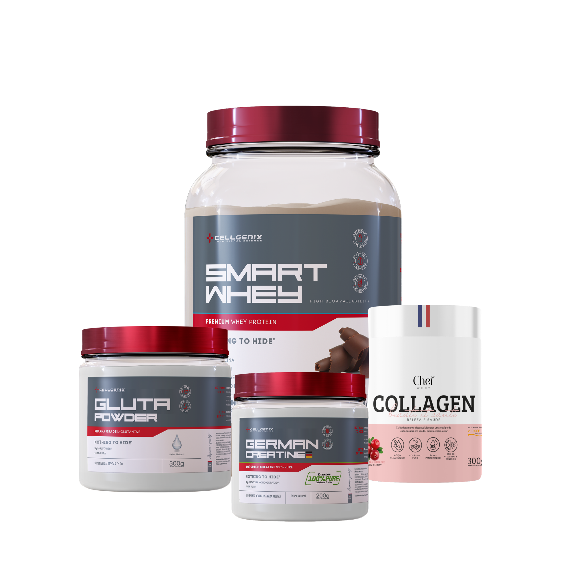 Smart whey 903g Chocolate + Creatina German + Colágeno Cranberry + Glutamina