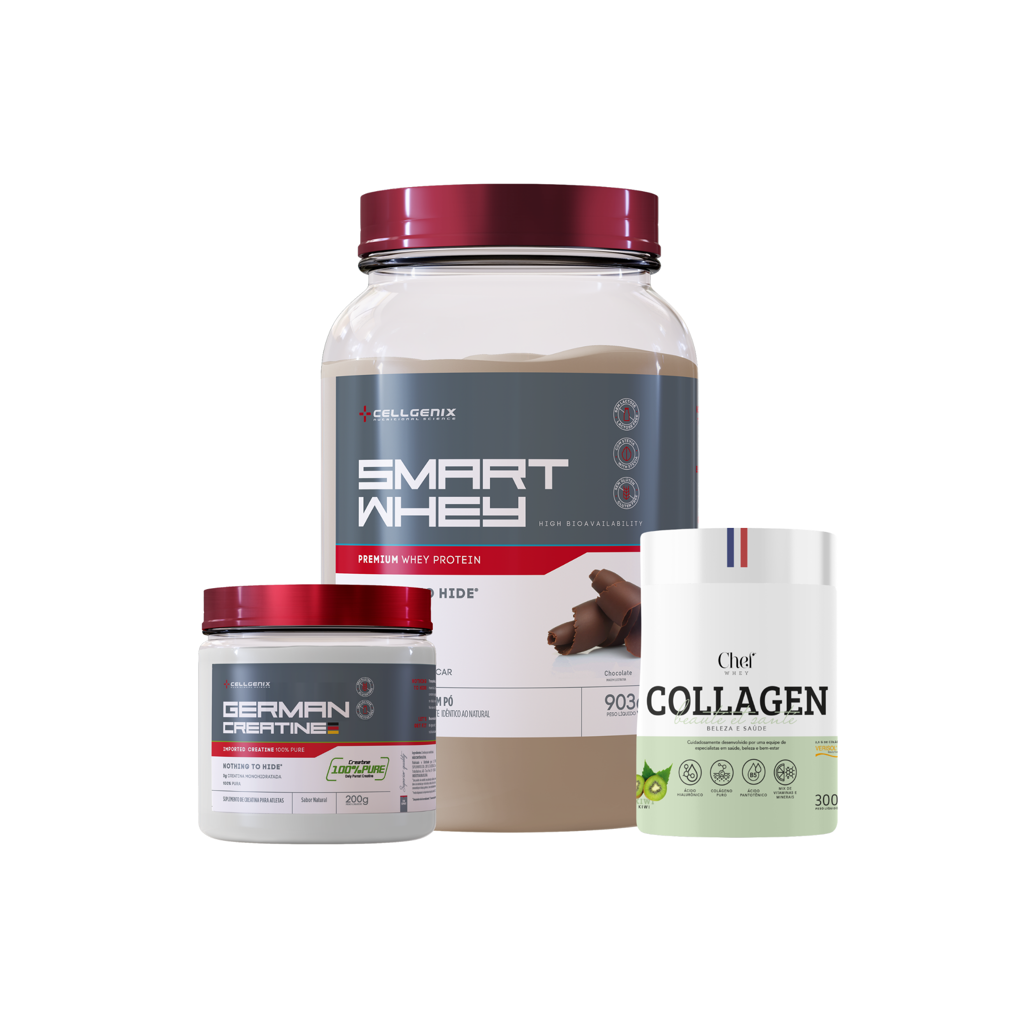Smart whey 903g Chocolate + Creatina German + Colágeno Kiwi
