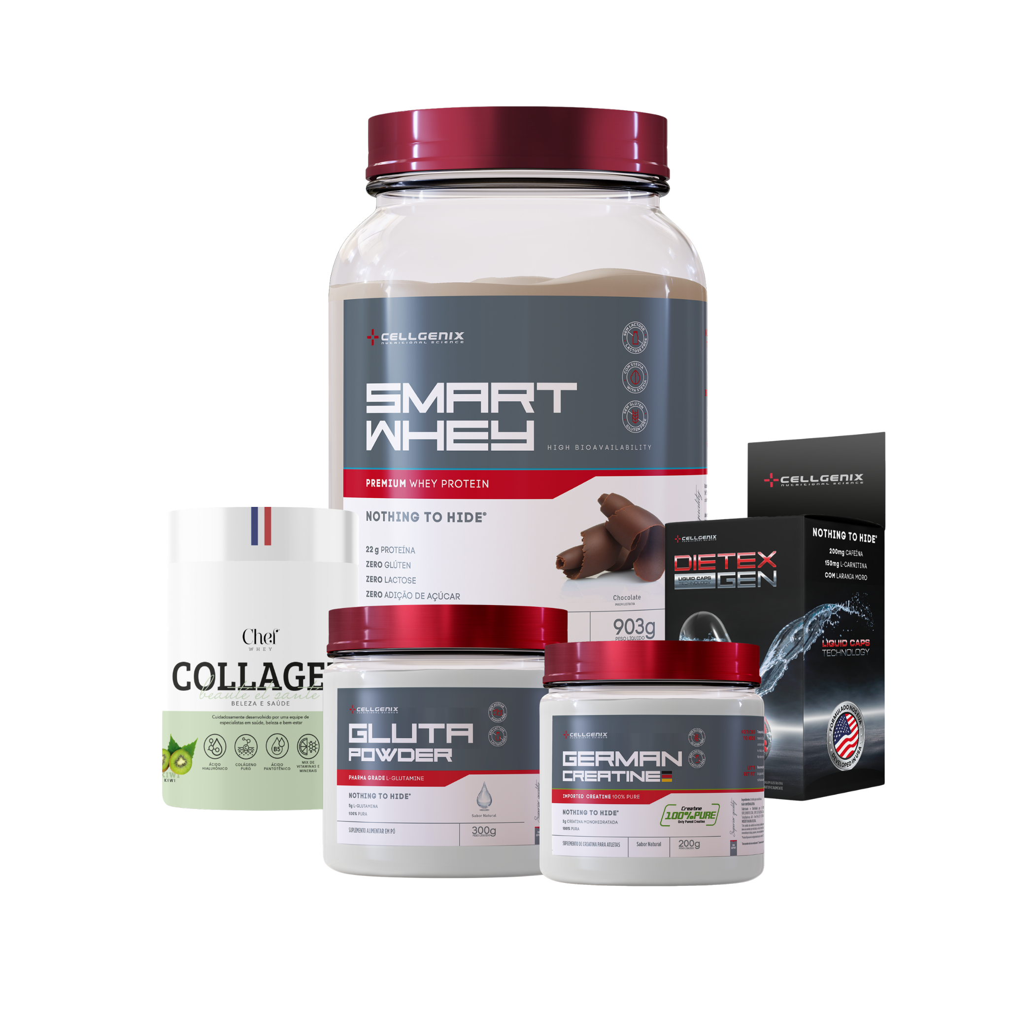 Smart whey 903g Chocolate + Creatina German + Colágeno Kiwi + Glutamina + Dietex