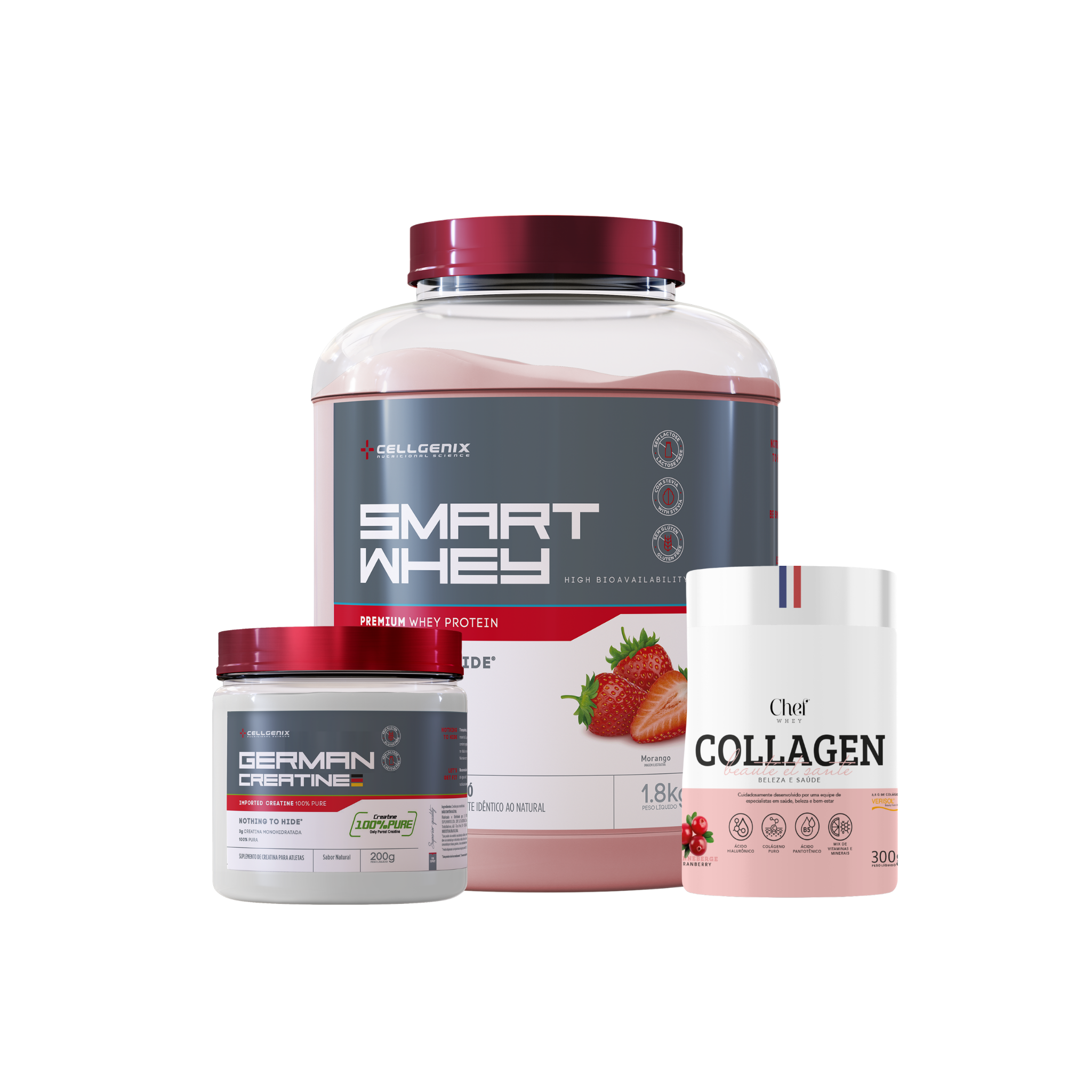 Smart whey 1,8kg Morango + Creatina German + Colágeno Cranberry