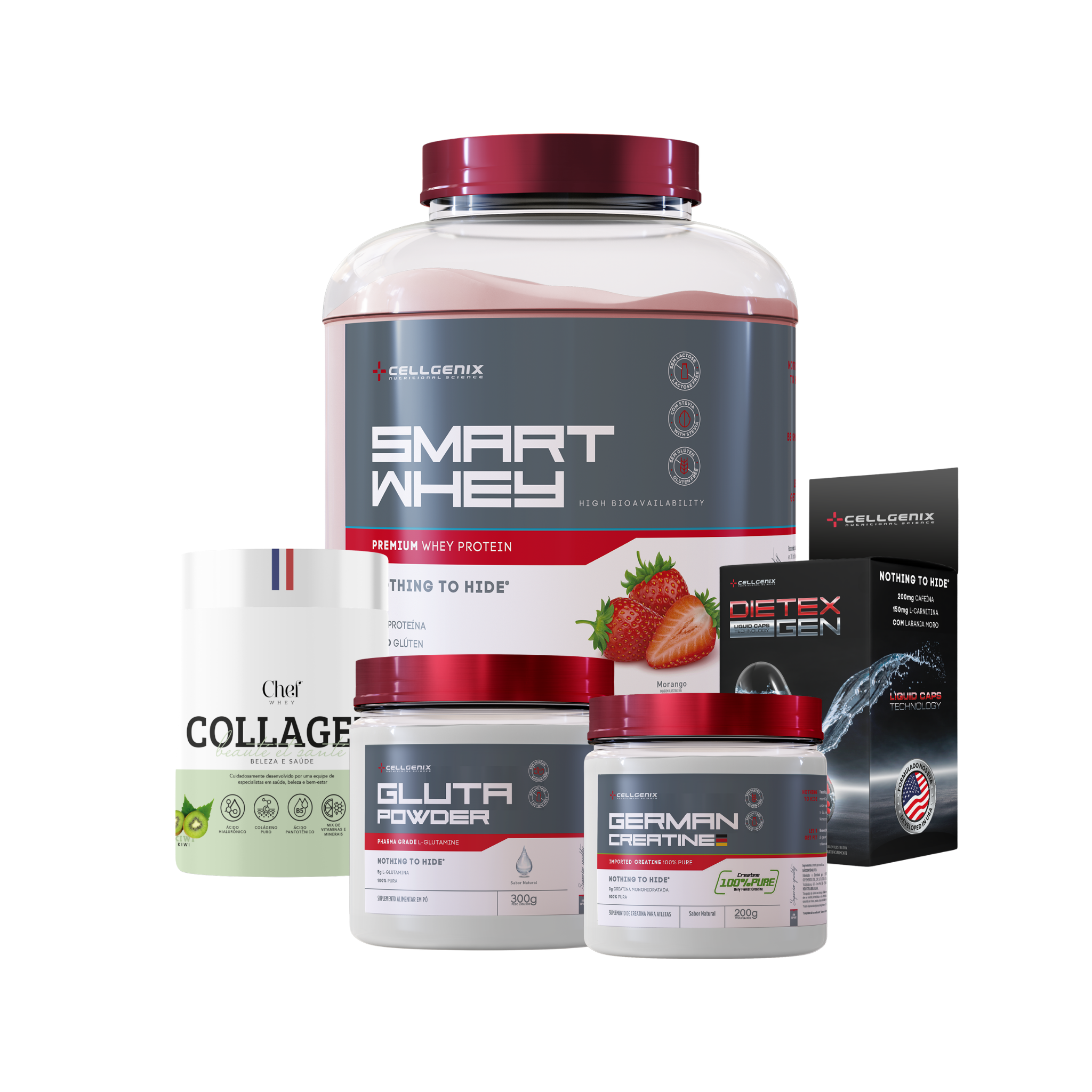 Smart whey 1,8kg Morango + Creatina German + Colágeno Kiwi + Glutamina + Dietex