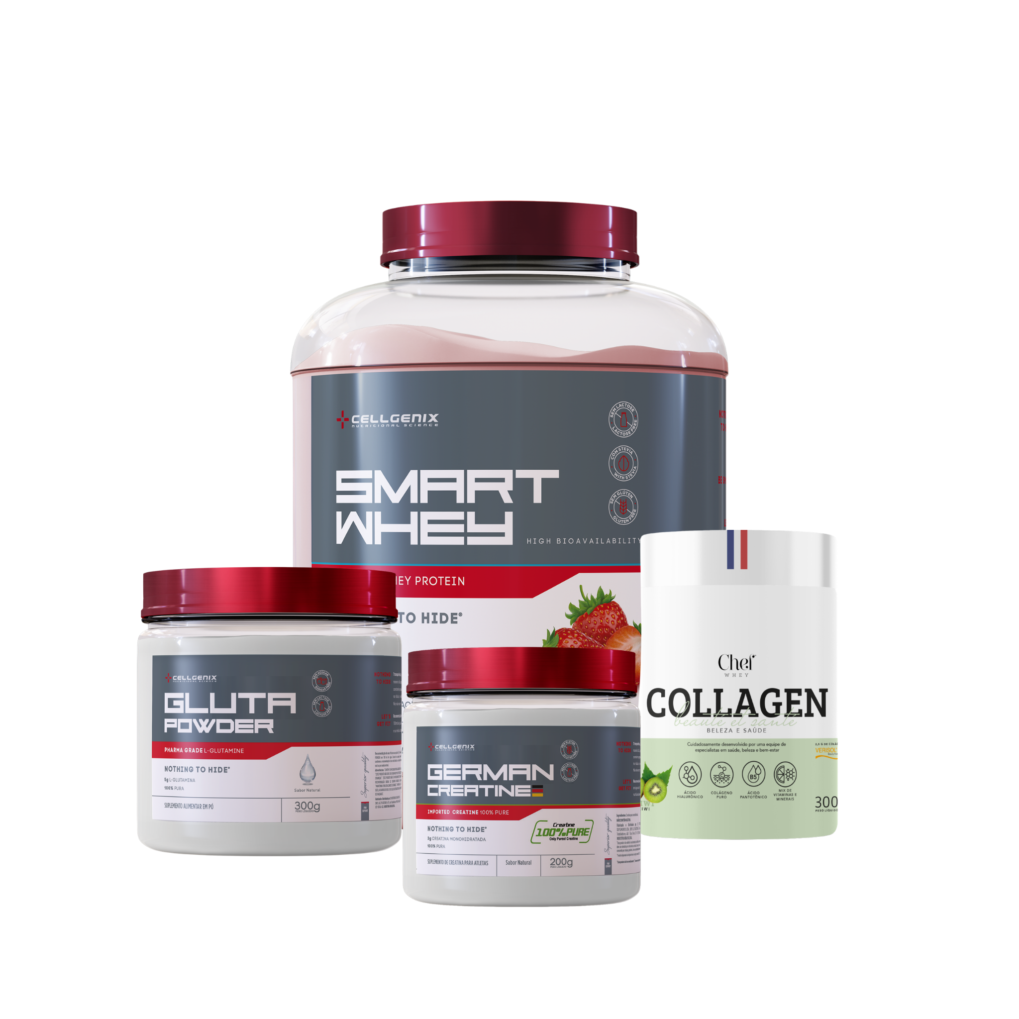 Smart whey 1,8kg Morango + Creatina German + Colágeno Kiwi + Glutamina